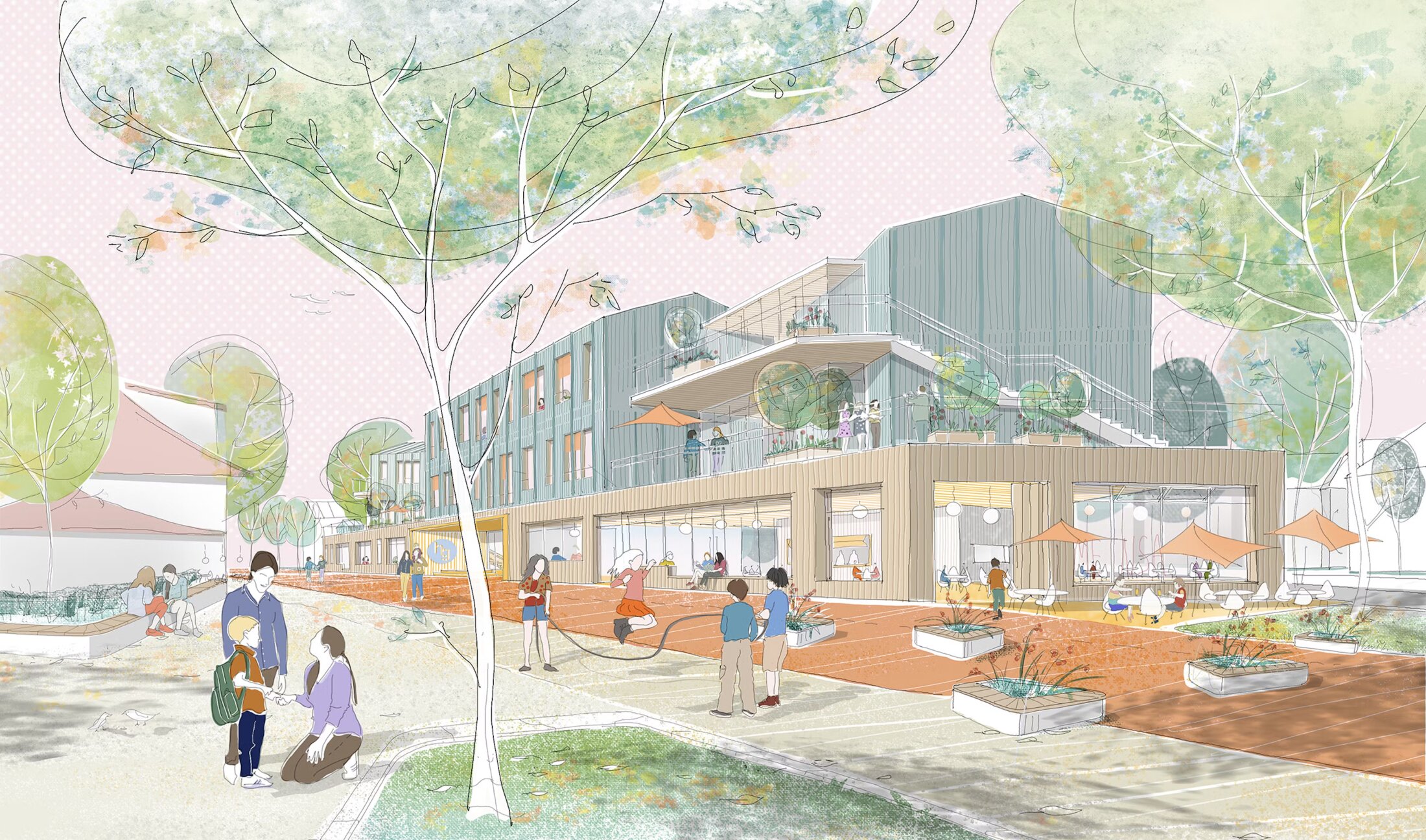 Project by Behnisch Architekturbuero, Replacement New Building Hainberg Gymnasium. Illustration of the school building with courtyard, trees, and children playing and gathering outdoors.