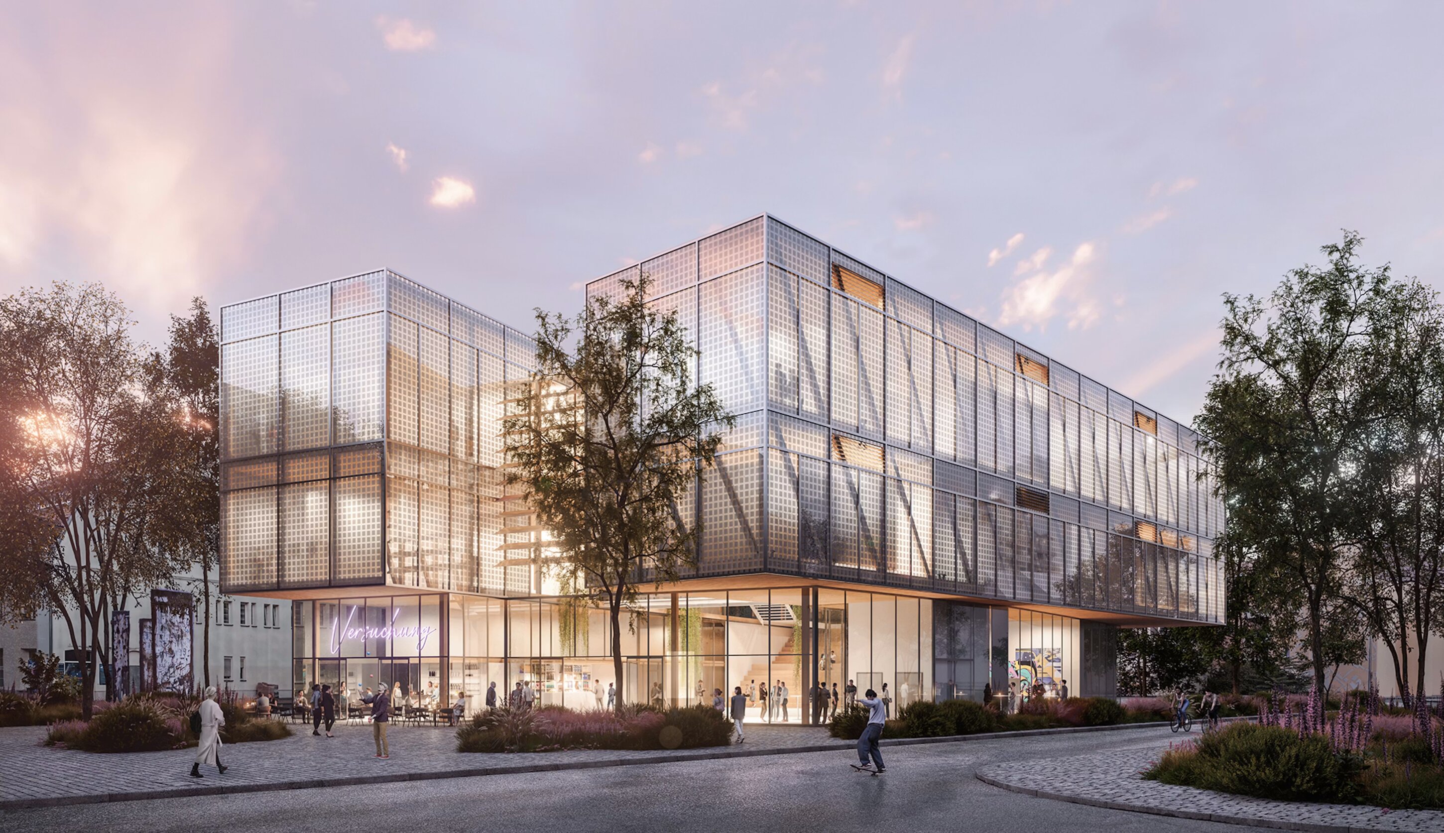 Project by Behnisch Architekturbuero, New Exhibition Building &ldquo;World of Temptations&rdquo;. Modern glass building with illuminated facade at dusk, people gathered outside on landscaped plaza.