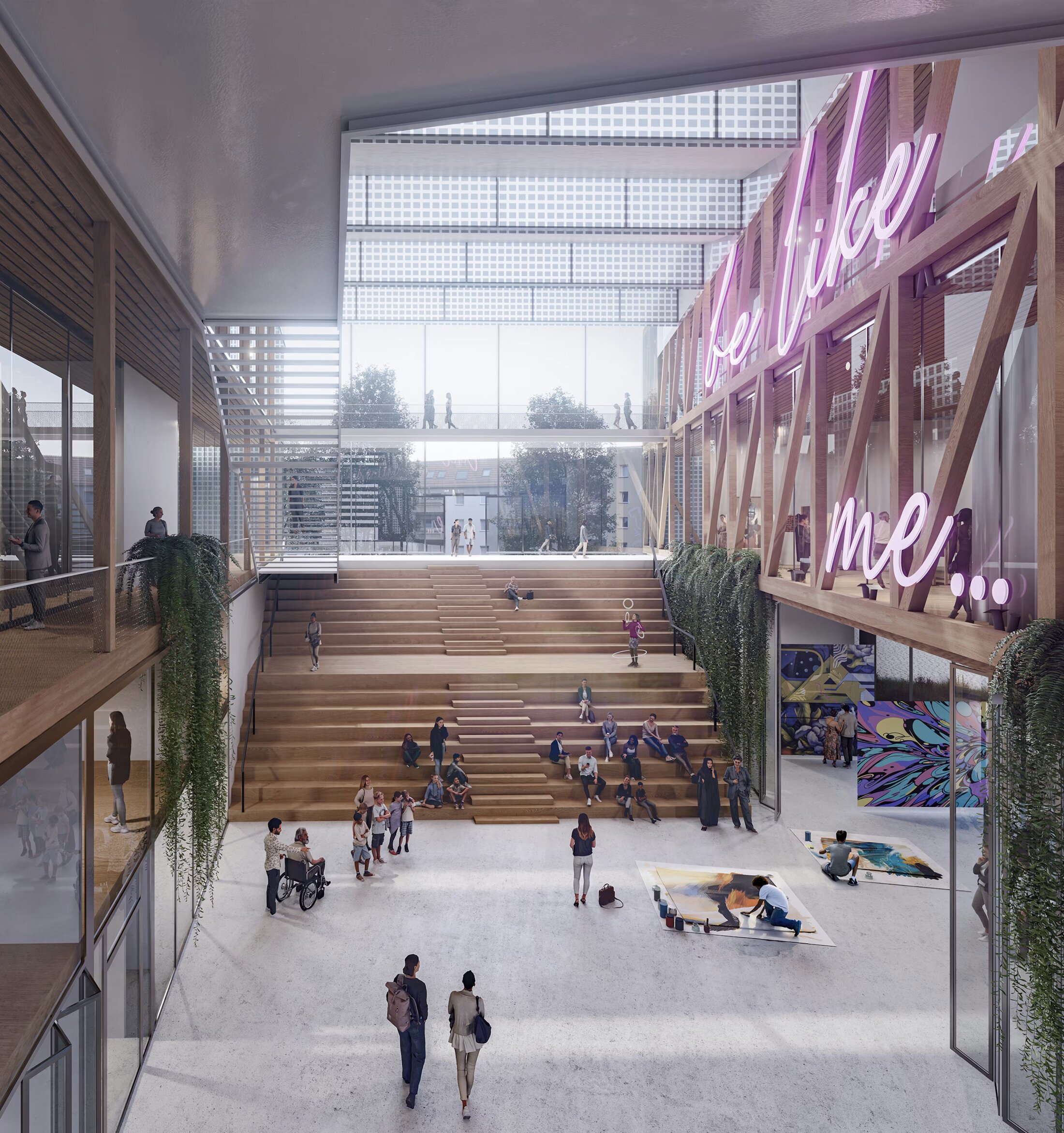 Project by Behnisch Architekturbuero, New Exhibition Building &ldquo;World of Temptations&rdquo;. Large indoor atrium with stepped seating, people gathered, artwork in progress, and neon sign on upper level.