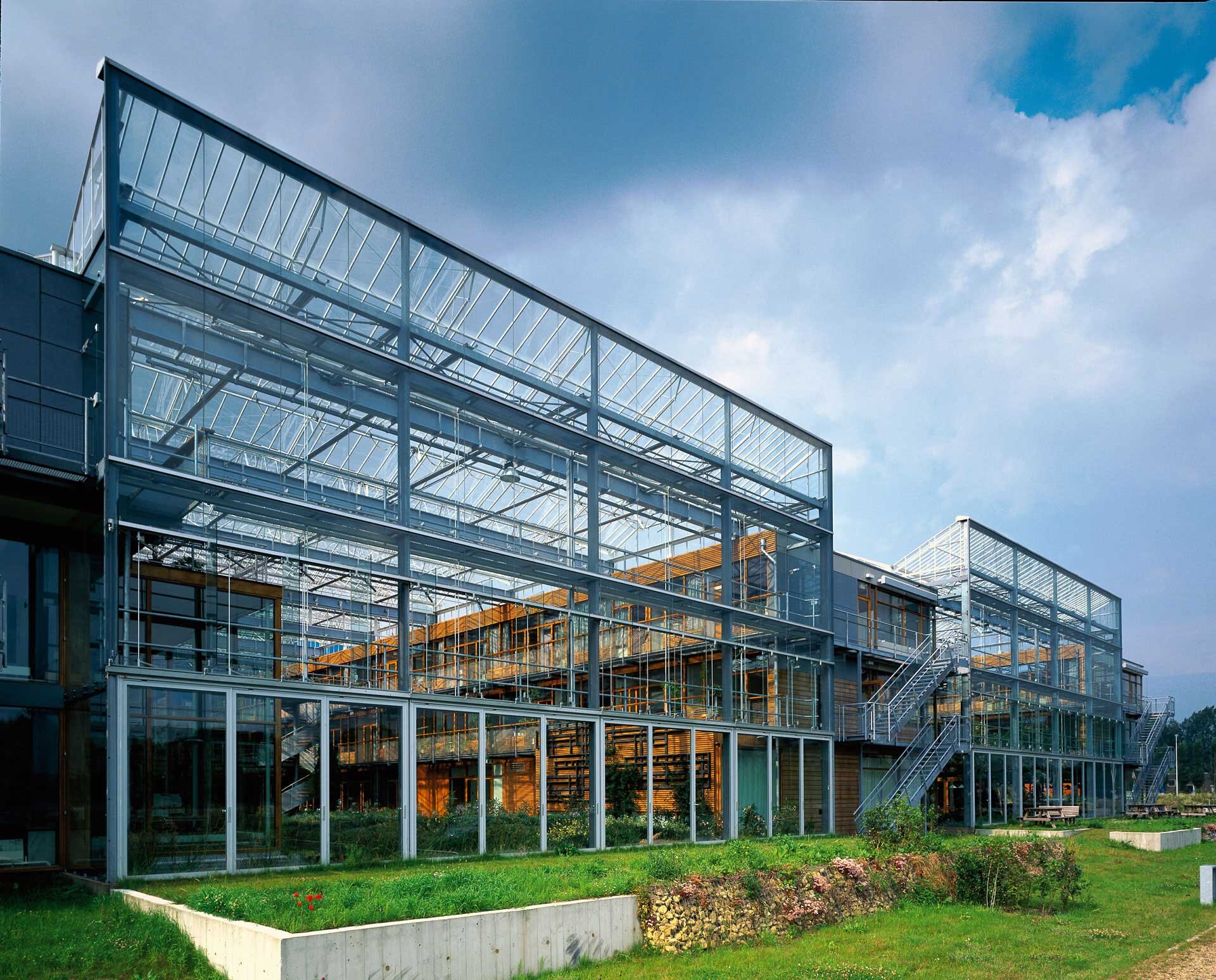 Project by Behnisch Architekturbuero, IBN-Institute for Forestry and Nature Research. Large glass building with steel frame and greenhouse-like roof, featuring exterior stairs and surrounded by grass and low plantings.