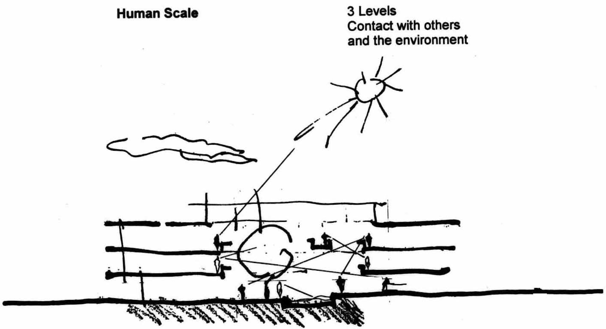Project by Behnisch Architekturbuero, IBN-Institute for Forestry and Nature Research. Sketch labeled &ldquo;Human Scale&rdquo; showing a building section with people, arrows of interaction, and sunlight indicating three levels of contact with environment.