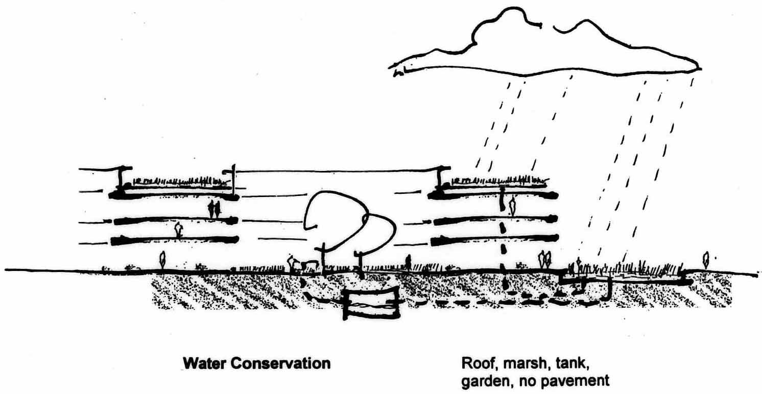 Project by Behnisch Architekturbuero, IBN-Institute for Forestry and Nature Research. Concept sketch of the building on the topic of rainwater use and collection.