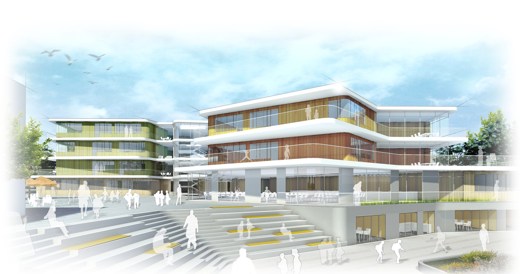 Project by Behnisch Architekturbuero, Gotthard-M&uuml;ller-School Bernhausen. A modern school building with an angular roof and glass facade; students stand and walk in a large paved courtyard. There are several bicycle parking areas in front of the building.