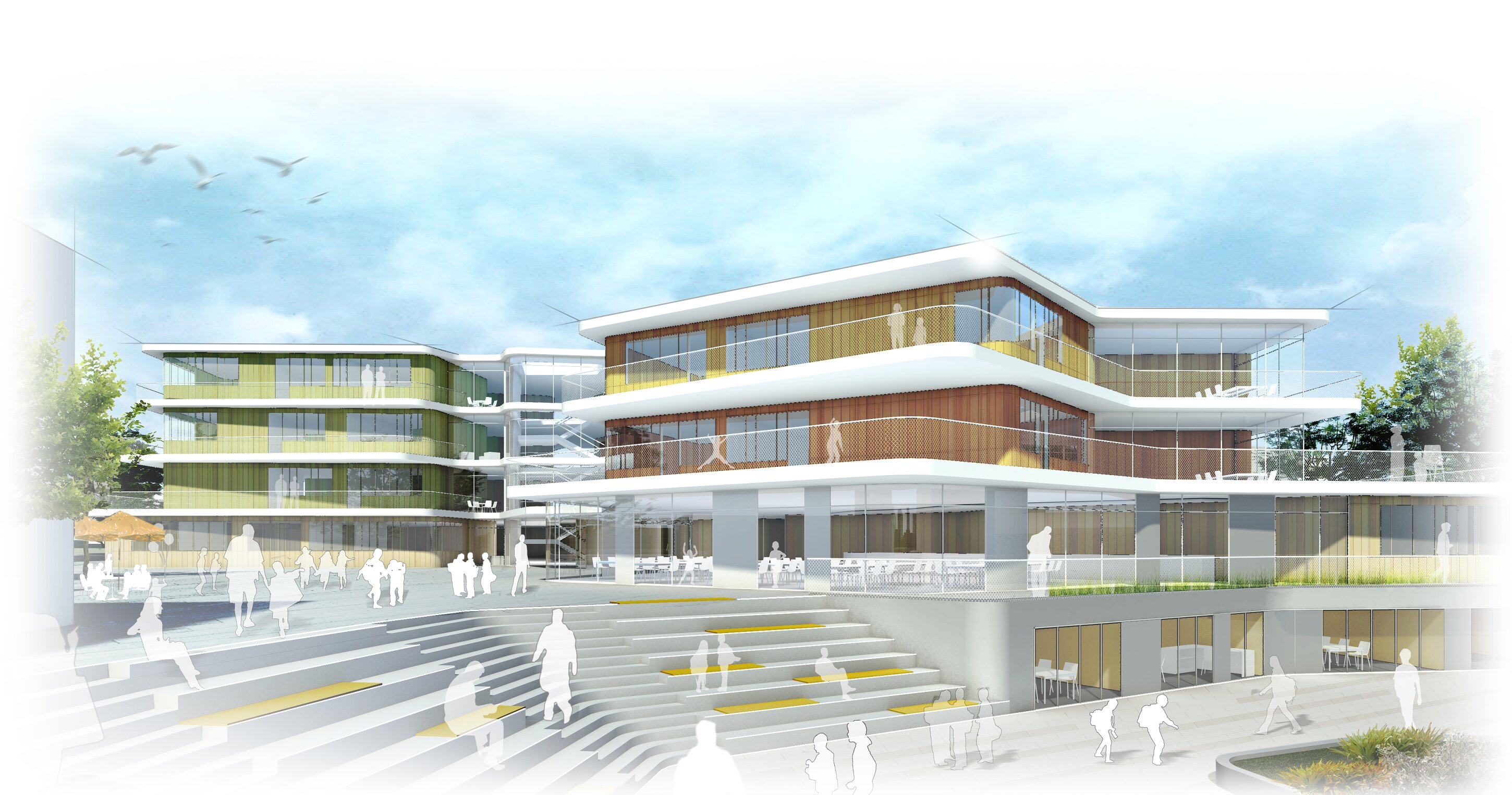 Project by BehnischProject by Behnisch Architekturbuero, Gotthard-M&uuml;ller-School Bernhausen. Architectural rendering of the multi-level building with terraces and large windows, set around stepped seating with people in an open plaza.