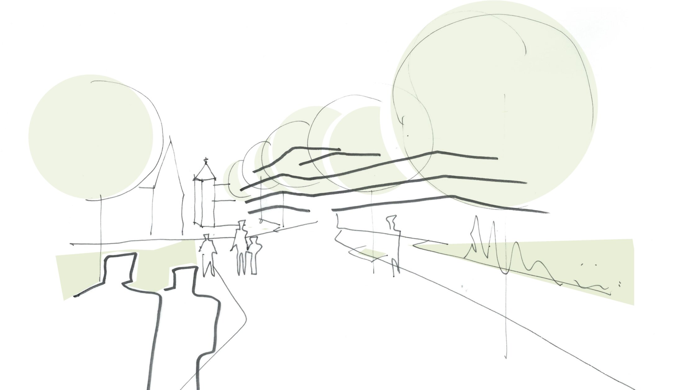 Project by Behnisch Architekturbuero, Dorotheen Quartier. Modern stepped office buildings behind a row of trees, with a clock tower and clear blue sky in the background.