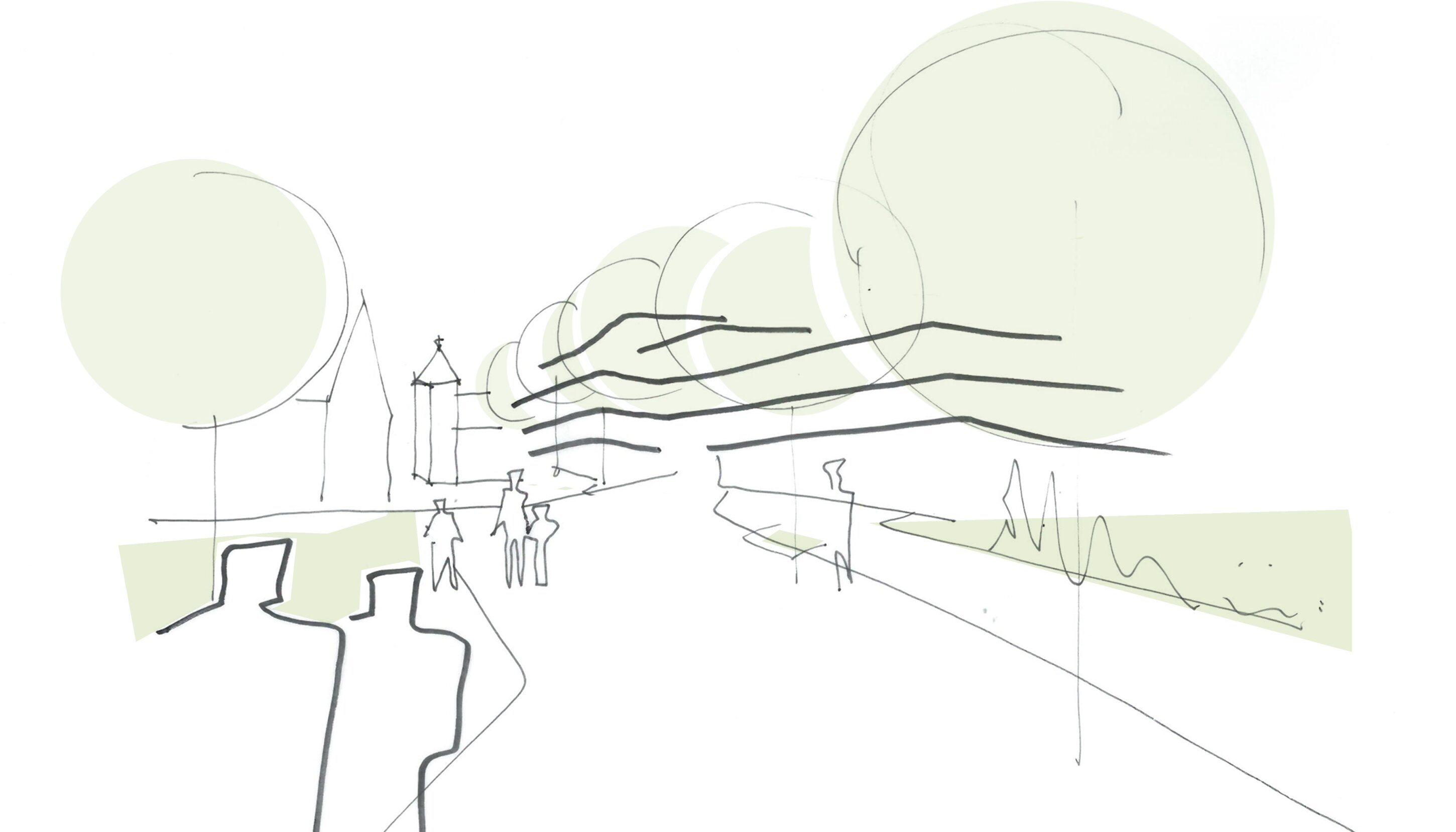 Project by Behnisch Architekturbuero, Townhall Gr&ouml;benzell. Abstract sketch of a streetscape with simple line drawings of people, buildings, trees, and a road, with large circular shapes in the background.