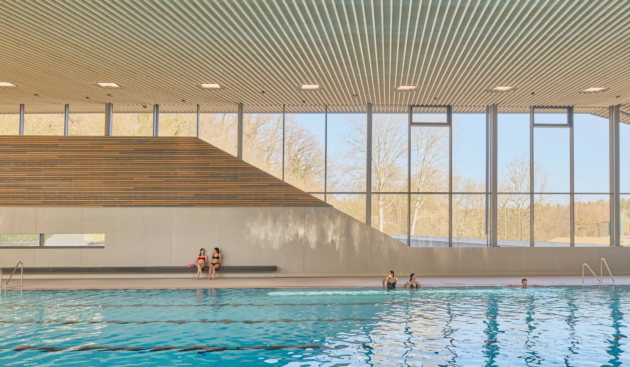 Project by Behnisch Architekturbuero, Schwaketenbad. An indoor swimming pool with people in the water and at the poolside, under a wooden ceiling and with large windows. At the level of the seated people, there are also narrow windows offering a view of the greenery.