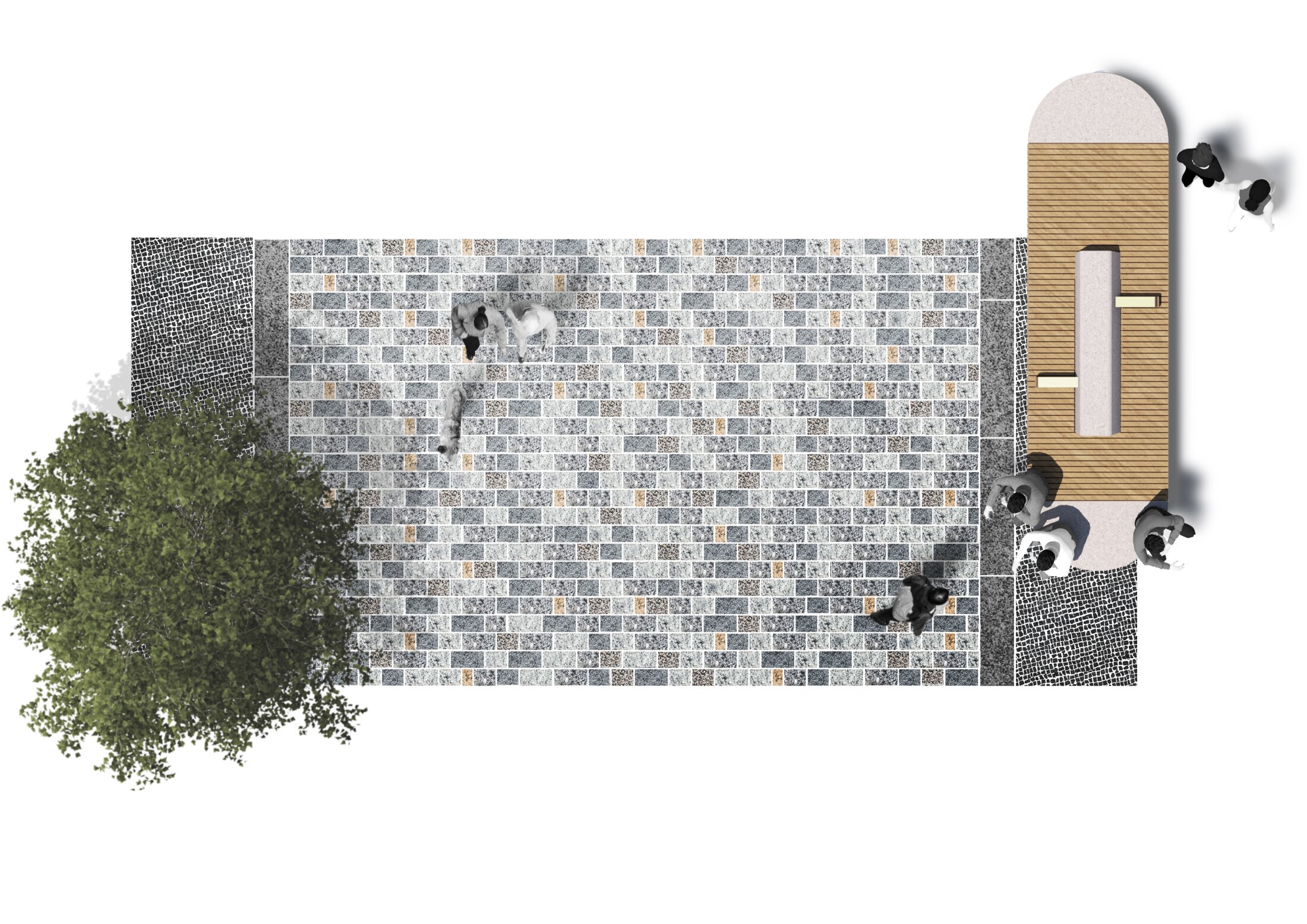 Project by Behnisch Architekturbuero, Potsdamer Platz Quartier. Top view of paved pedestrian zone with edge planting, wooden seating area, and passers-by.