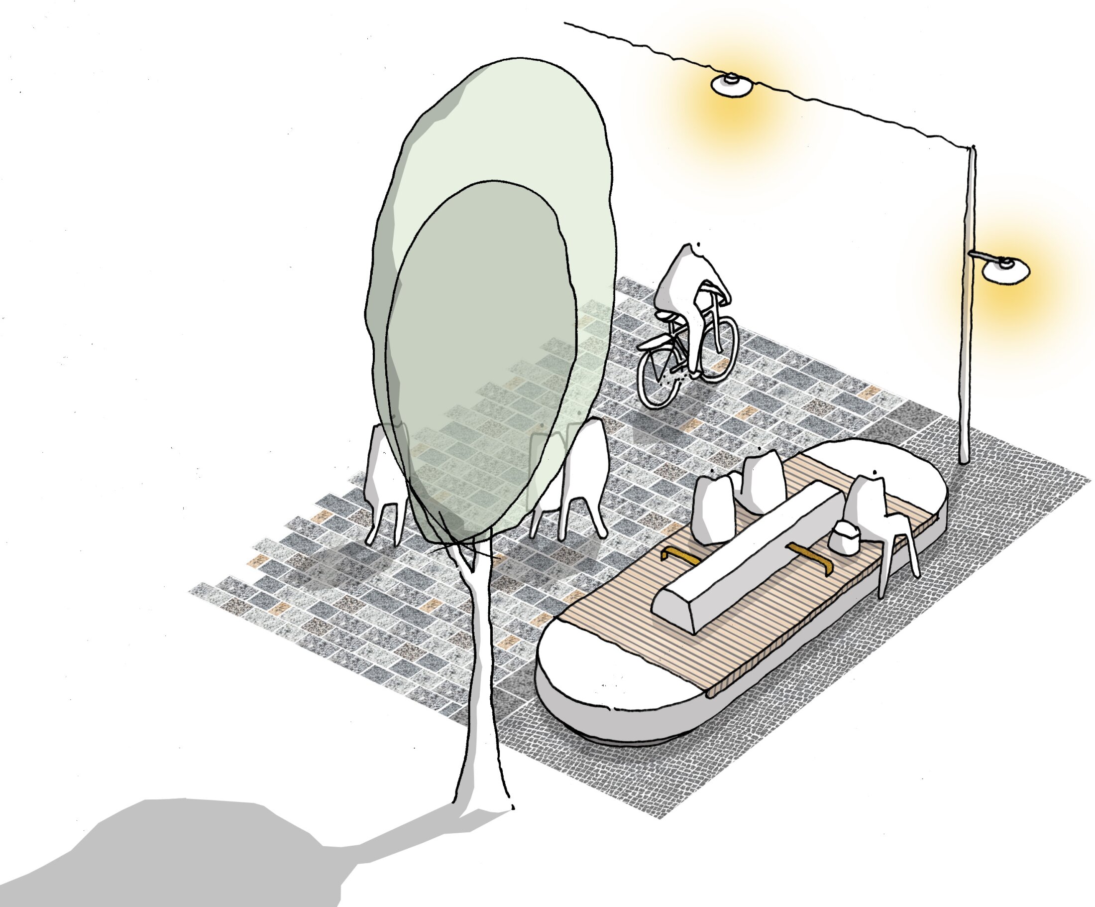 Project by Behnisch Architekturbuero, Potsdamer Platz Quartier. Illustration of paved pedestrian zone with atree, bench seating, lights, and a person cycling.