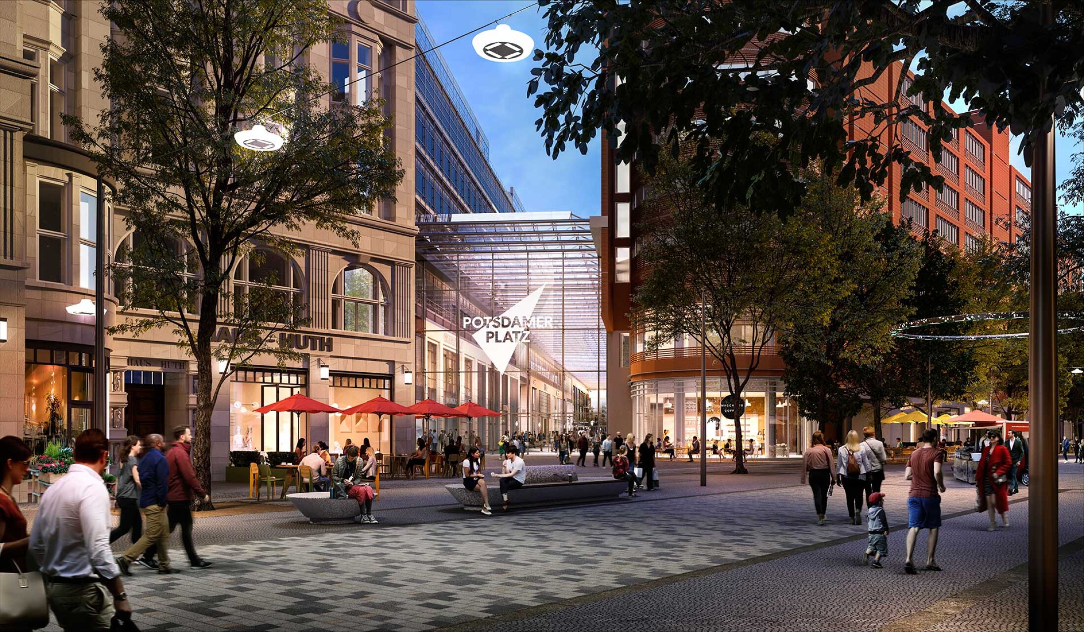 Project by Behnisch Architekturbuero, Potsdamer Platz Quartier. Pedestrian zone with shops, outdoor seating and people near the glass entrance at Potsdamer Platz.