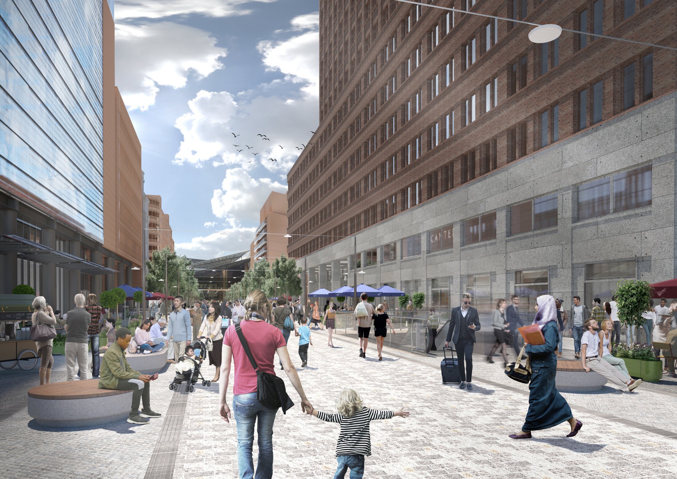 Project by Behnisch Architekturbuero, Potsdamer Platz Quartier. A bustling pedestrian zone with people, seating, trees and shops between multi-story buildings.