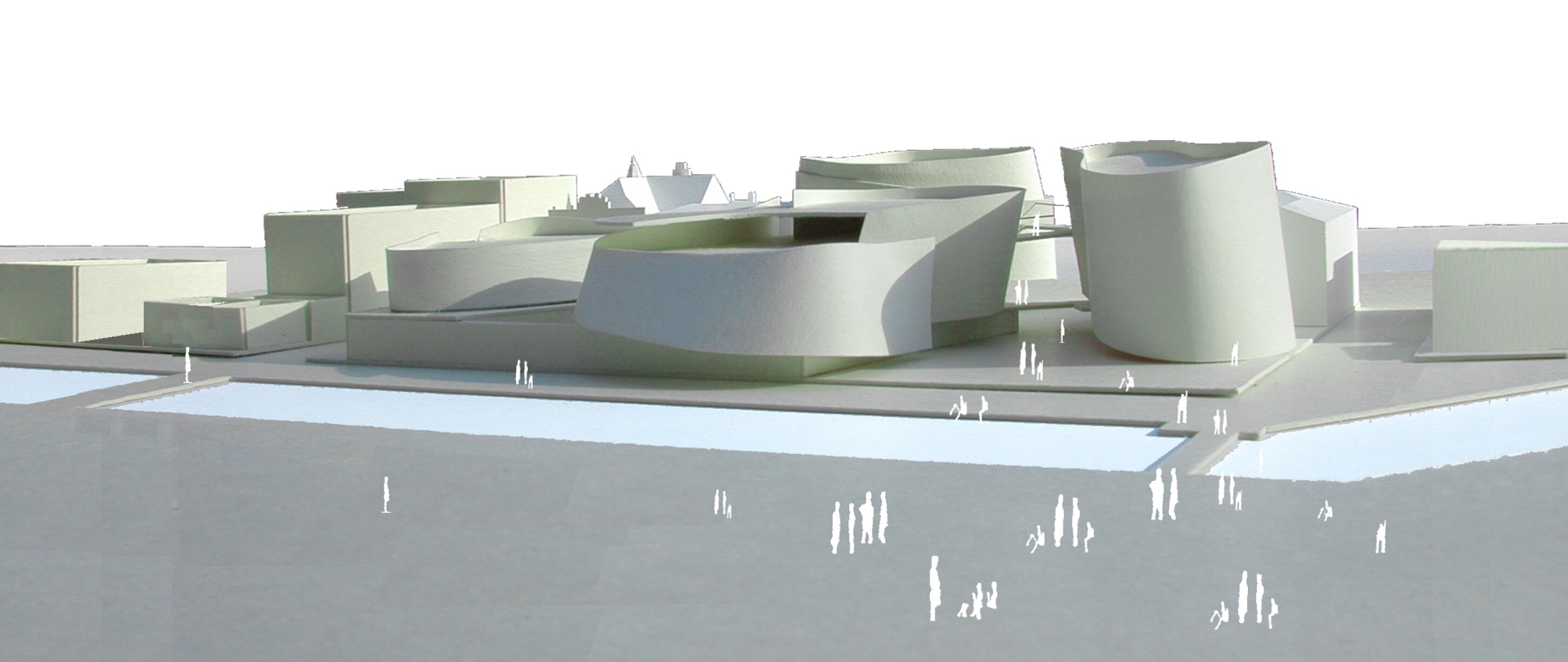 Project by Behnisch Architekturbuero, Ozeaneum. Architectural model of a waterfront site with several curved modern buildings and small human figures indicating scale along paths and open space.