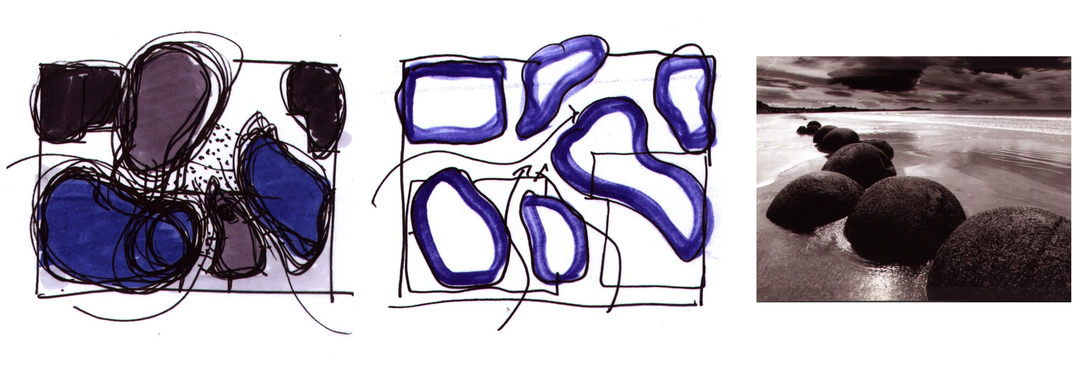 Project by Behnisch Architekturbuero, Ozeanum. Concept sketch for the museum's design. The four white structures are reminiscent of stones washed by water. Each of these structures houses exhibition areas and they are connected by a central foyer.