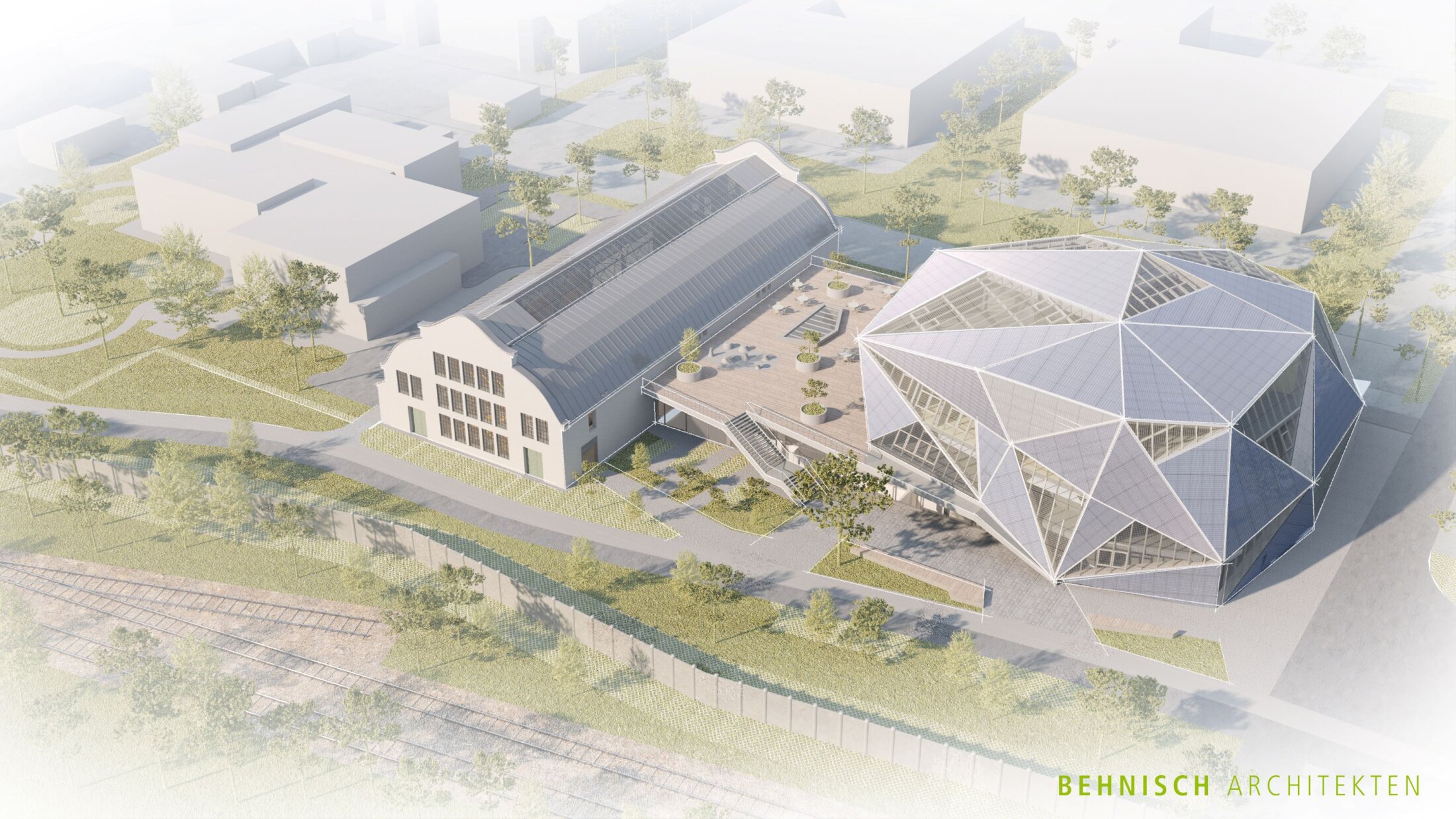 Project by Behnisch Architekturbuero, Action Sport Center. Aerial view of hall and faceted building with terrace, surrounded by trees and paths.
