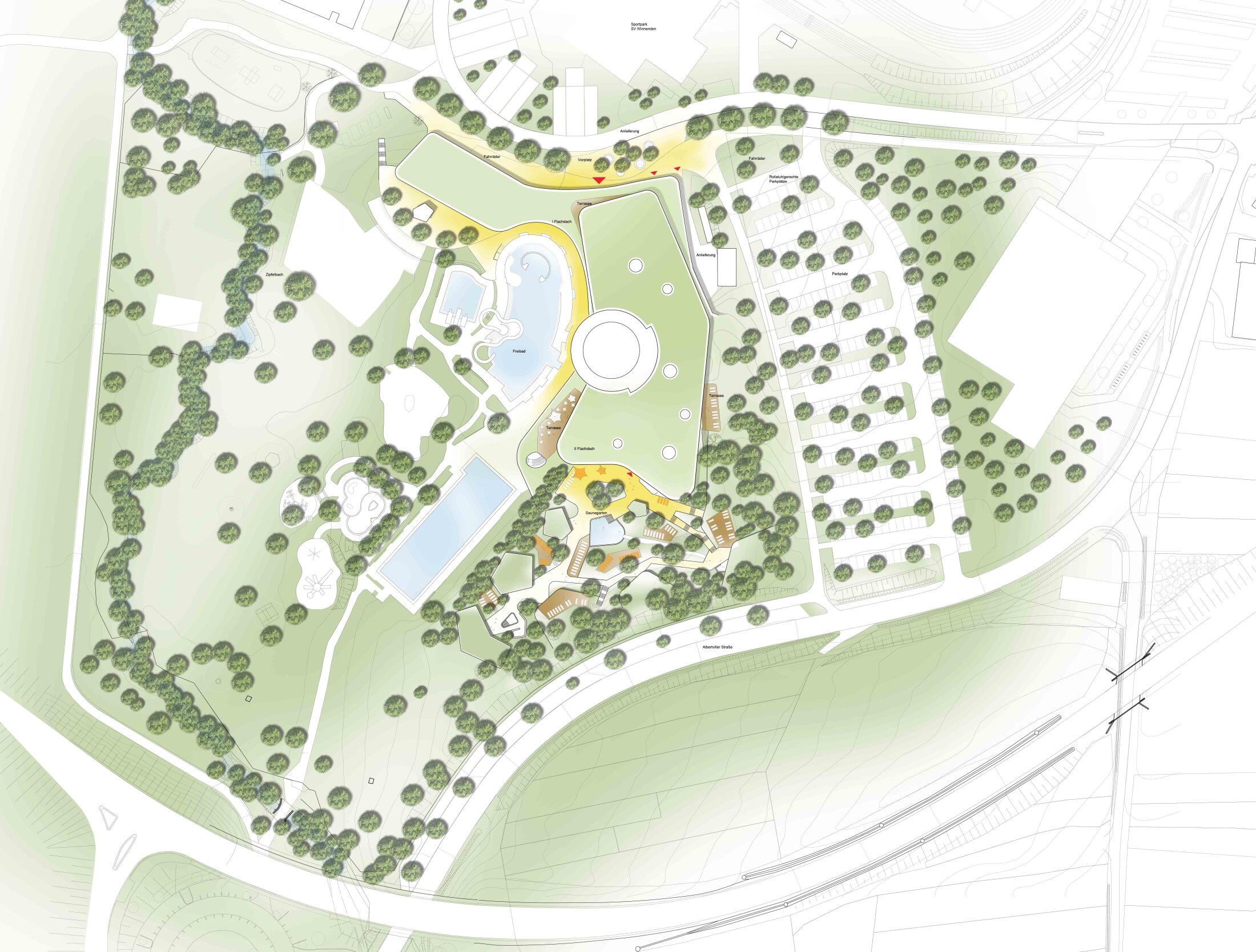 Project by Behnisch Architekturbuero, Schwaketenbad. A modern building with a glass facade, sloping roof, green plaza, bicycles and people outside, surrounded by trees and a hill. The canopy emphasizes the inviting entrance area.