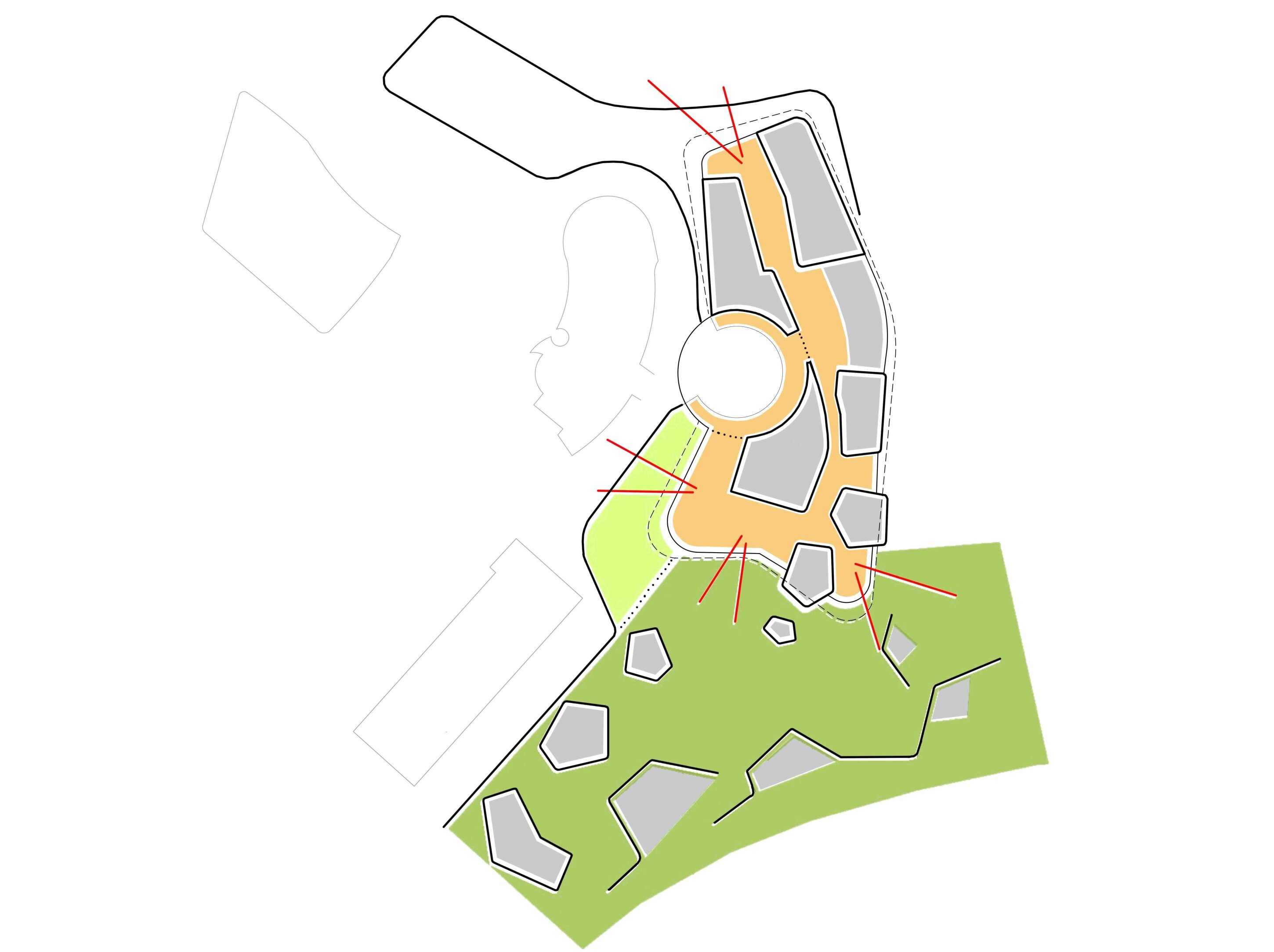 Project by Behnisch Architekturbuero, Wunnebad Winnenden. Site plan diagram with buildings in gray, paths in orange, green landscape areas, and arrows indicating circulation and access points.