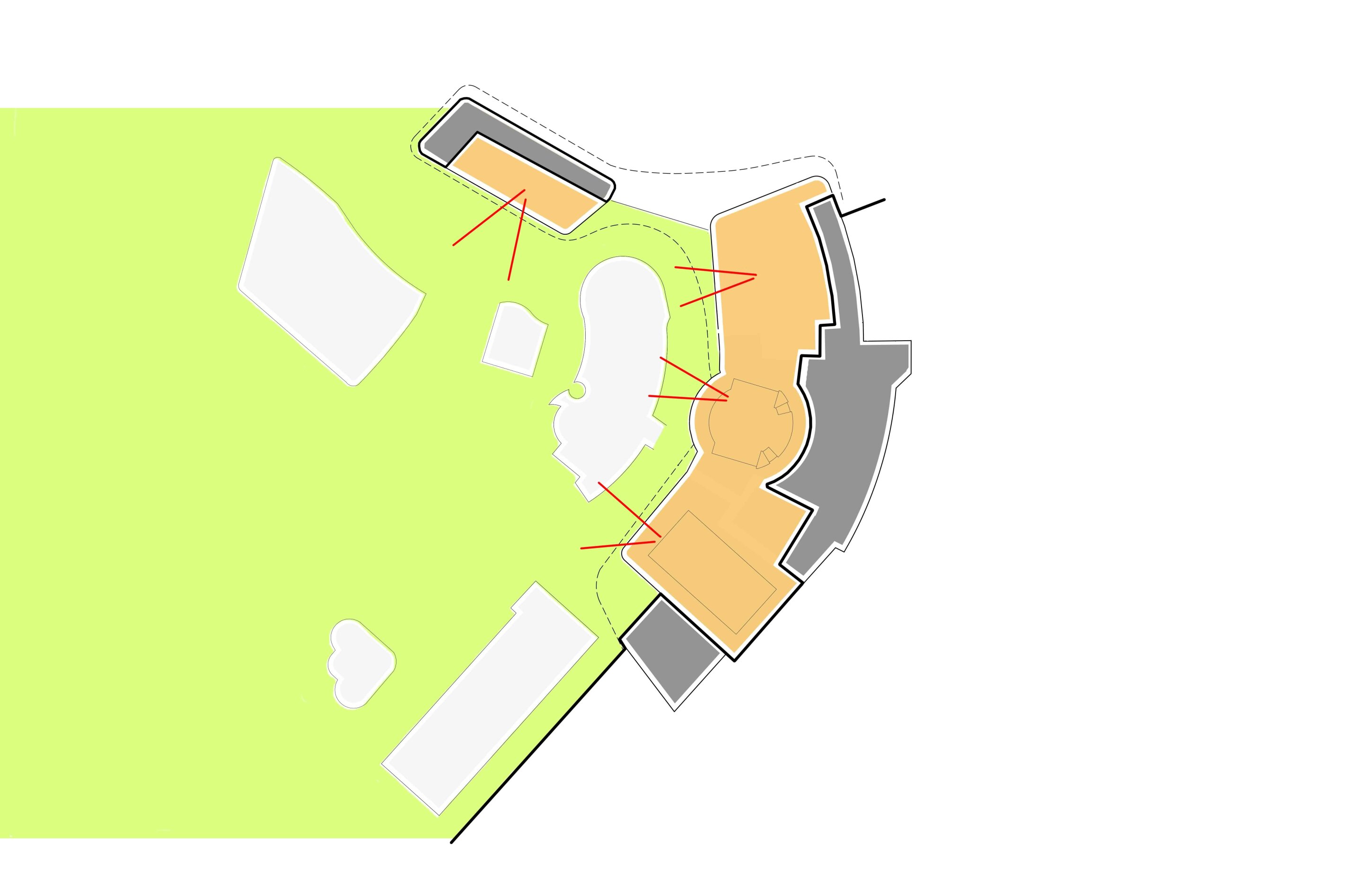 Project by Behnisch Architekturbuero, Wunnebad Winnenden. Site plan with highlighted building areas in orange, surrounding green space, gray neighboring structures, and arrows marking circulation routes.