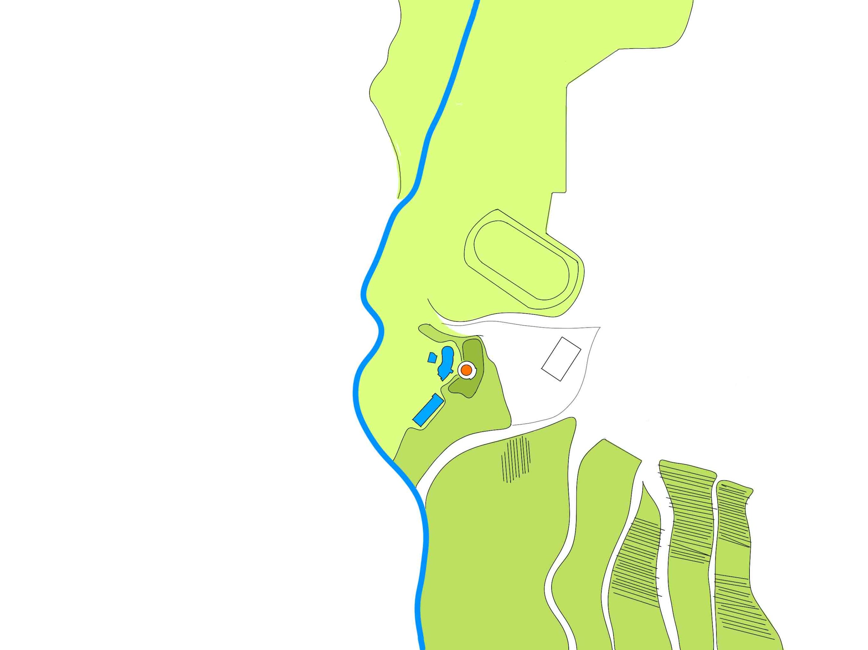 Project by Behnisch Architekturbuero, Wunnebad Winnenden. Site map with river, green landscape, paths, fields, and a small highlighted building area with nearby water features.