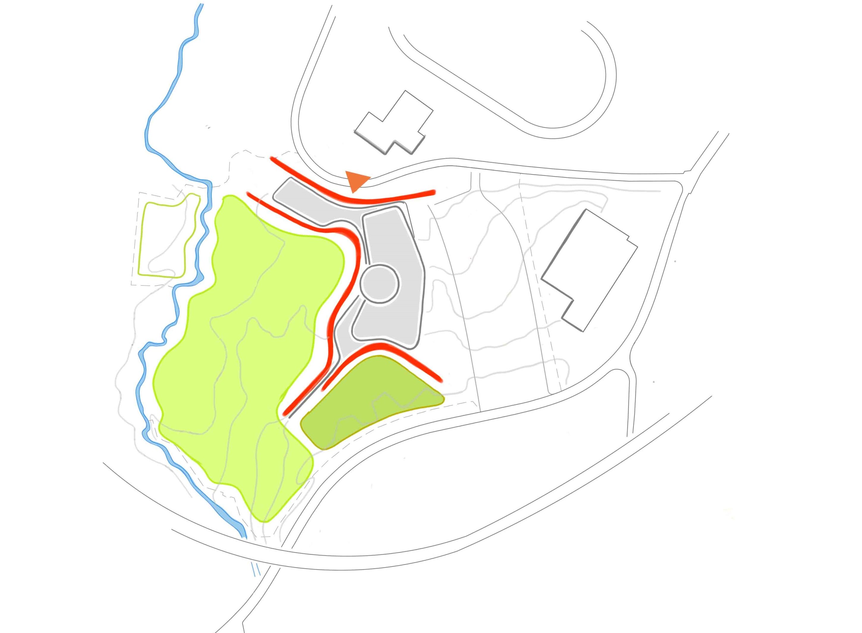 Project by Behnisch Architekturbuero, Wunnebad Winnenden. Site plan with river, green park areas, gray buildings, and red arrows showing main circulation routes and site access.