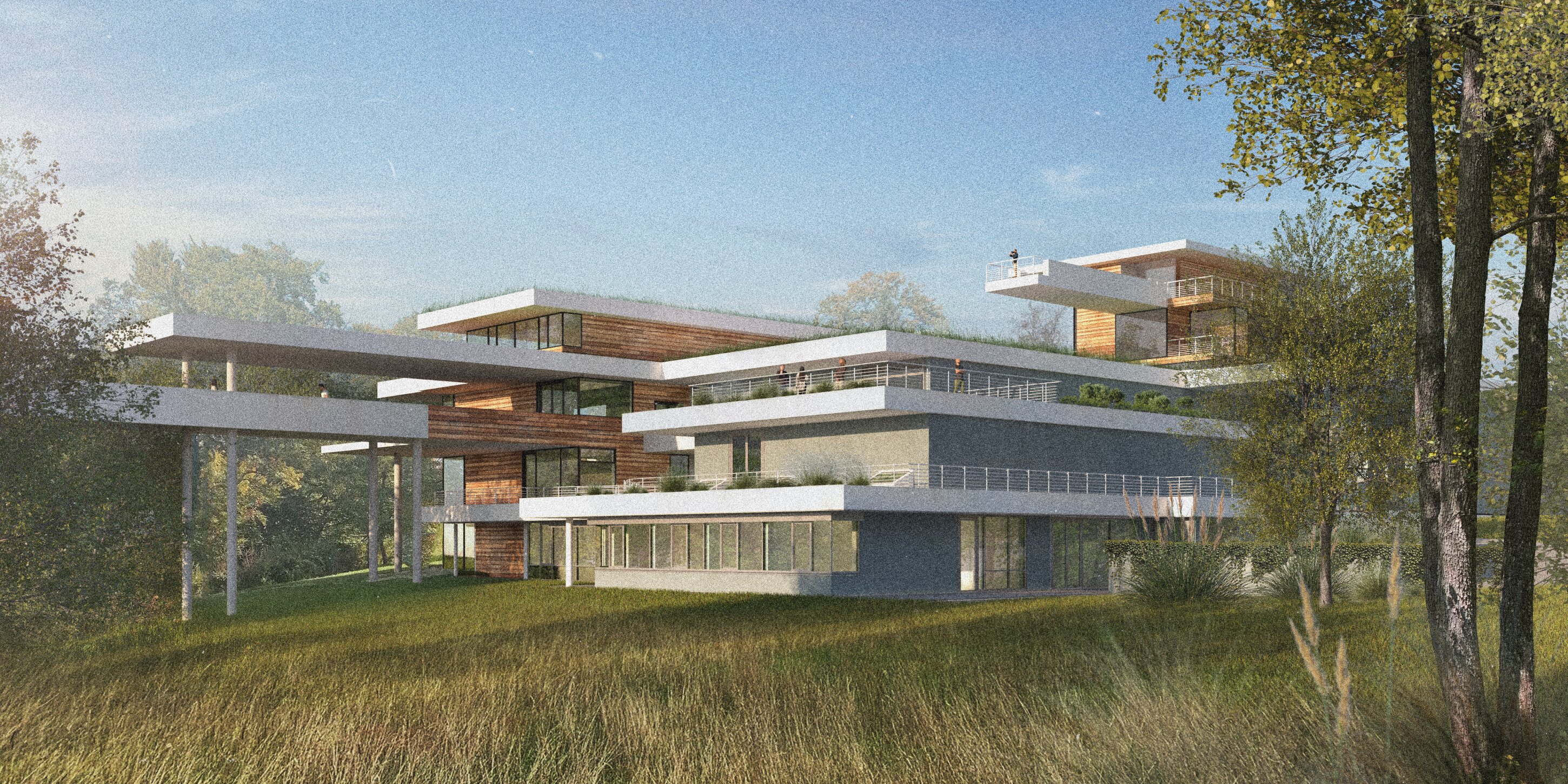 Project by Behnisch Architekturbuero, Buchheim Museum. Modern, multi-story building with terraces and canopies in a green landscape.