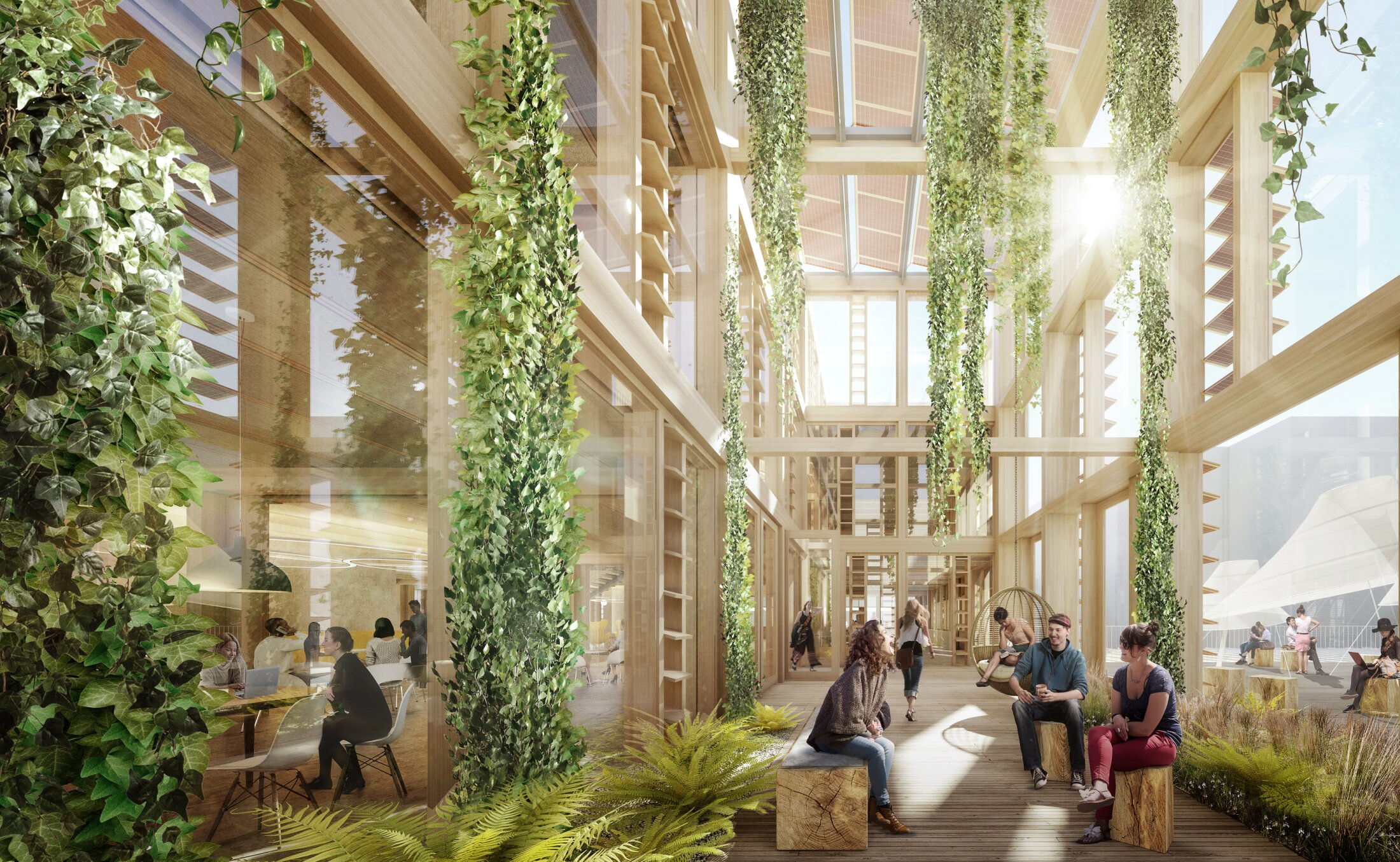 Project by Behnisch Architekturbuero, Smart Living Lab. Sun-drenched entrance area with wooden structure, hanging plants and people sitting and talking.