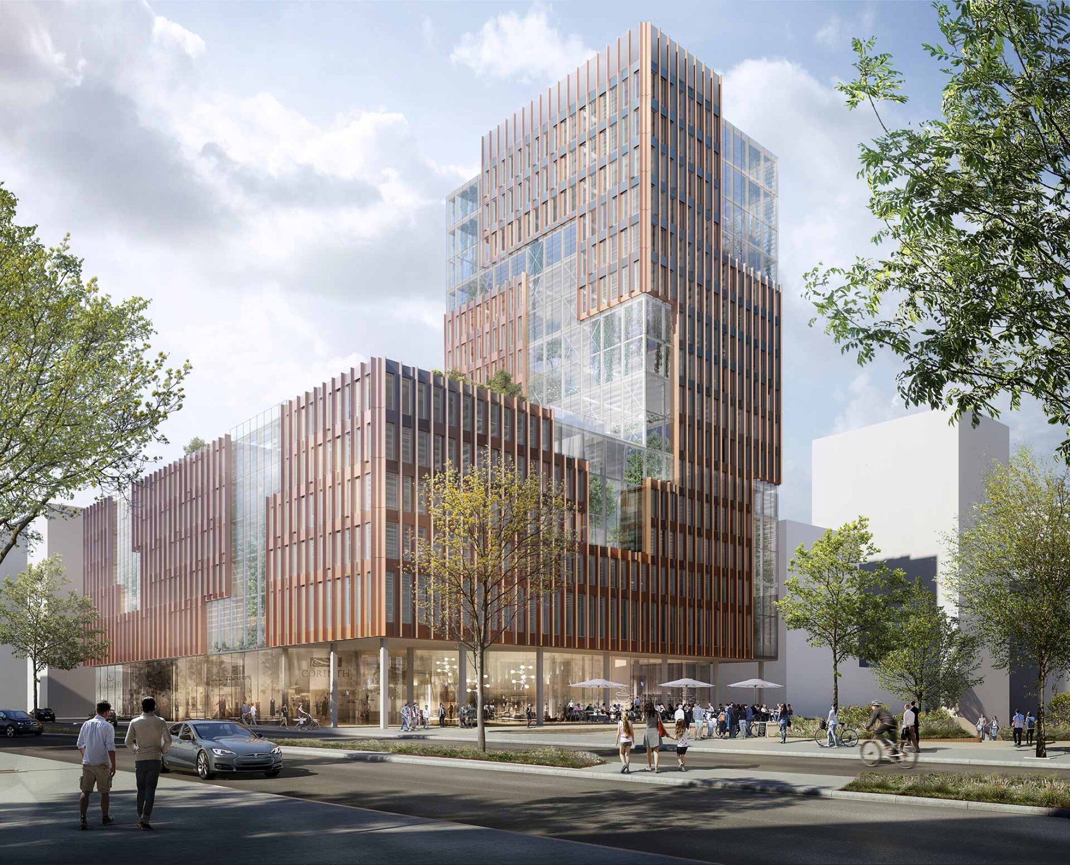 Project by Behnisch Architekturbuero, ElbSide New Corporate Headquarters. Modern multi-story building with glass atrium and vertical fins, street-level shops, and people walking, cycling, and sitting outside.