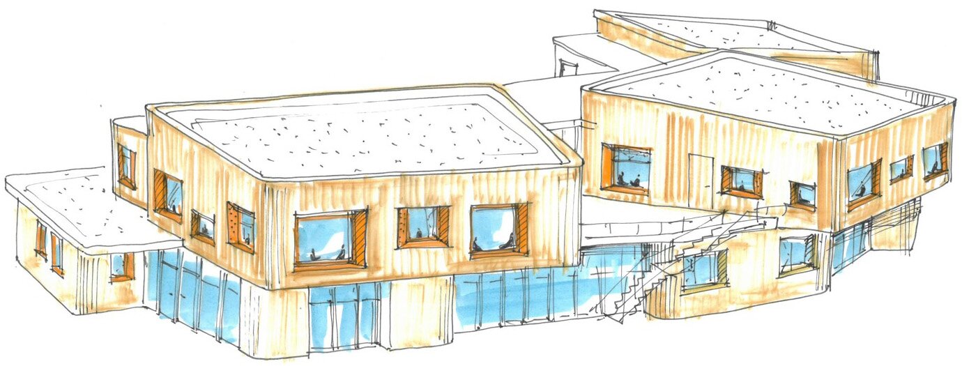 Project by Behnisch Architekturbuero, KiTa Pioneer-Kaserne. Sketch of a modern two-story building with wood cladding, large windows, and an exterior staircase connecting volumes.