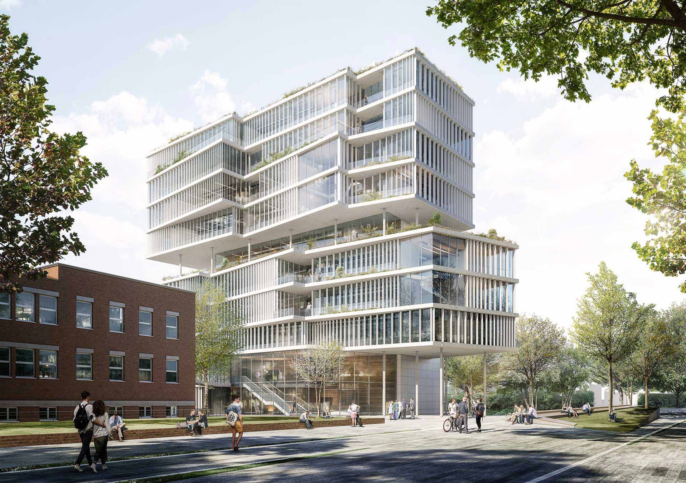Project by Behnisch Architekturbuero, Max Planck Institute for Medical Research. A modern, tall tower surrounded by green spaces and trees. The white bands of the exposed ceiling panels divide the building horizontally. Numerous balconies and roof terraces are created by projecting elements.