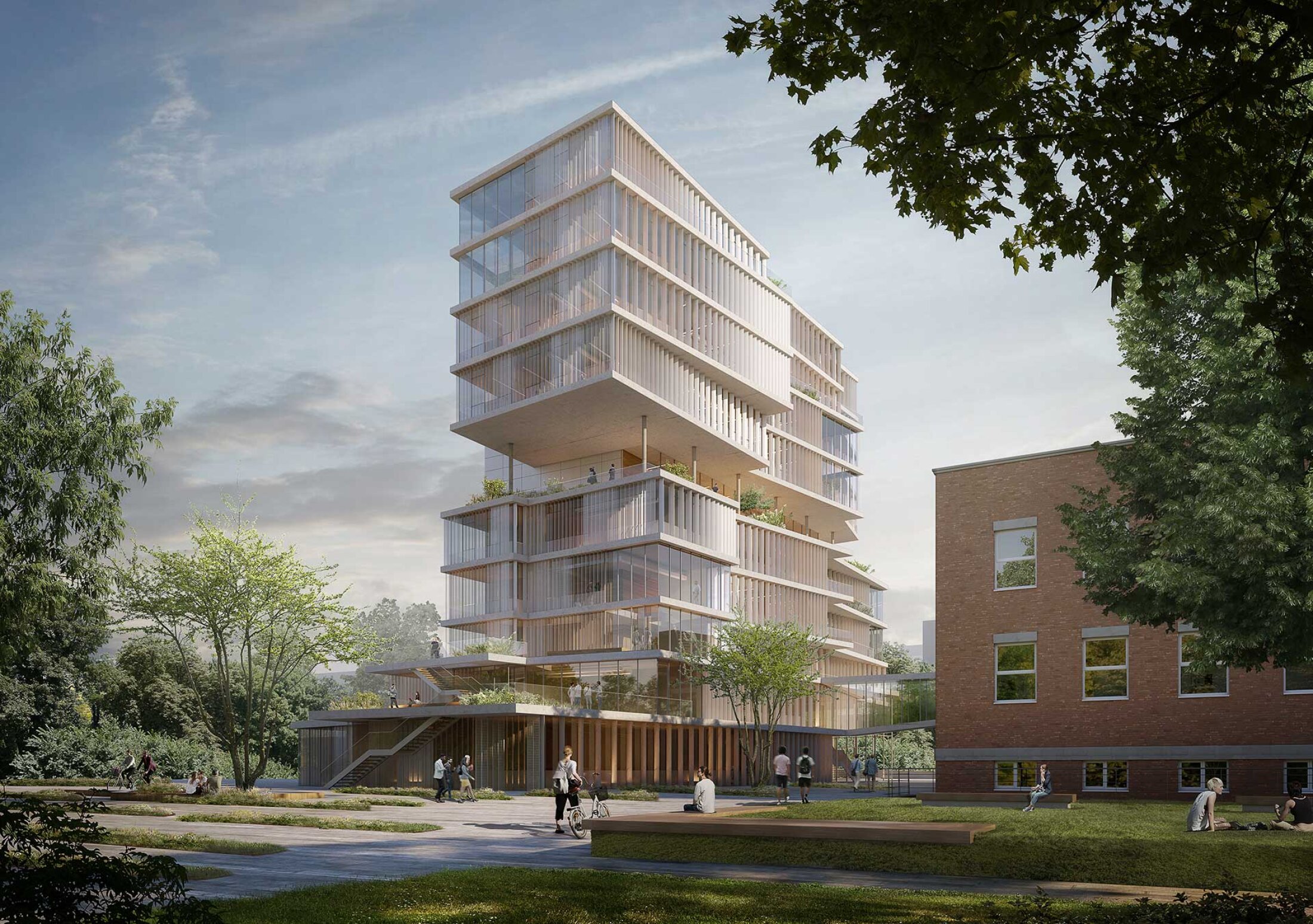 Project by Behnisch Architekturbuero, Max Planck Institute for Medical Research. A modern, tall tower surrounded by green spaces and trees. The white bands of the exposed ceiling panels divide the building horizontally. Numerous balconies and roof terraces are created by projecting elements.