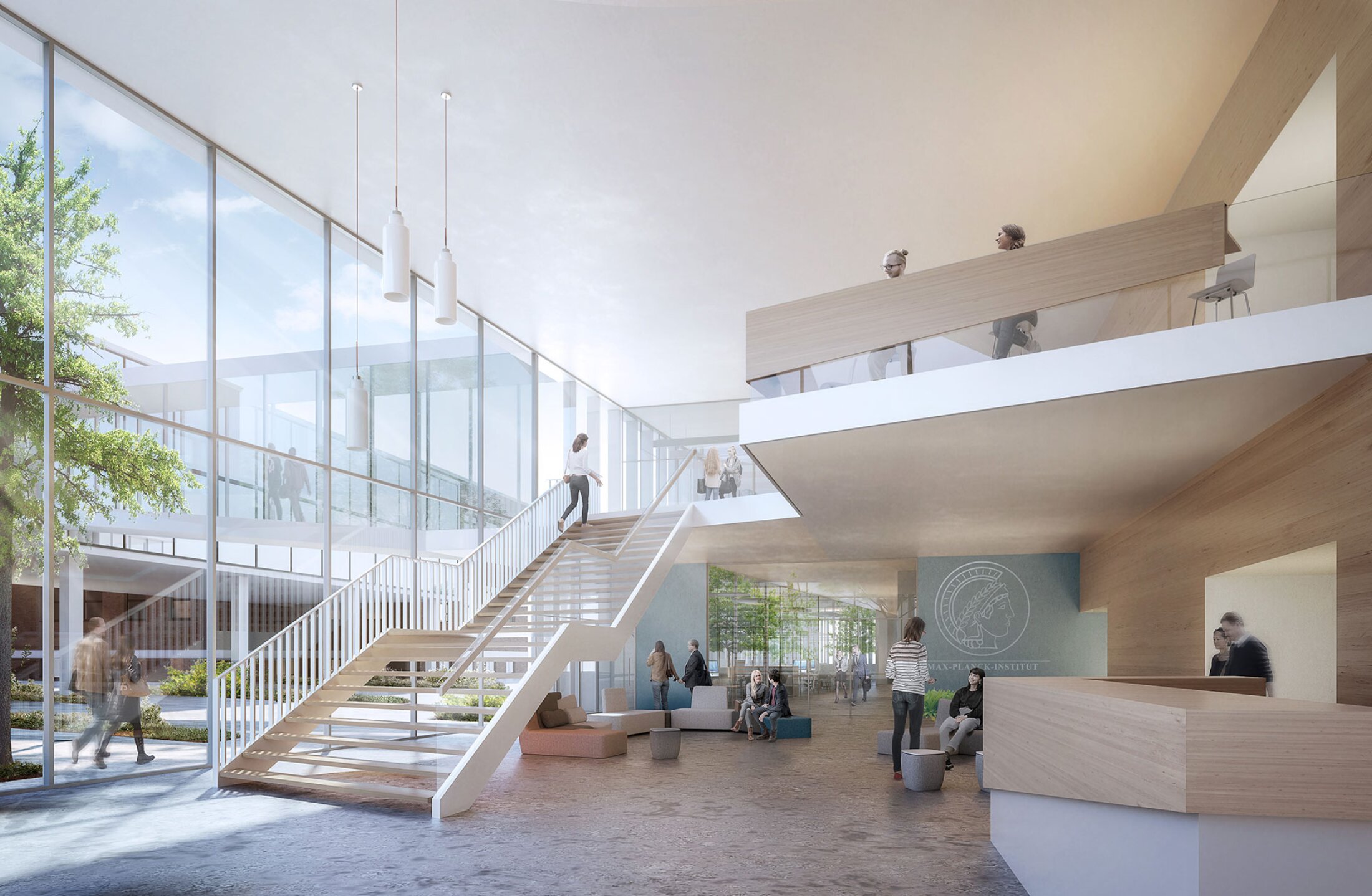 Project by Behnisch Architekturbuero, Max Planck Institute for Medical Research. Modern atrium foyer with staircase, glass facade, reception and people moving and sitting in the entrance area of ​​the building.