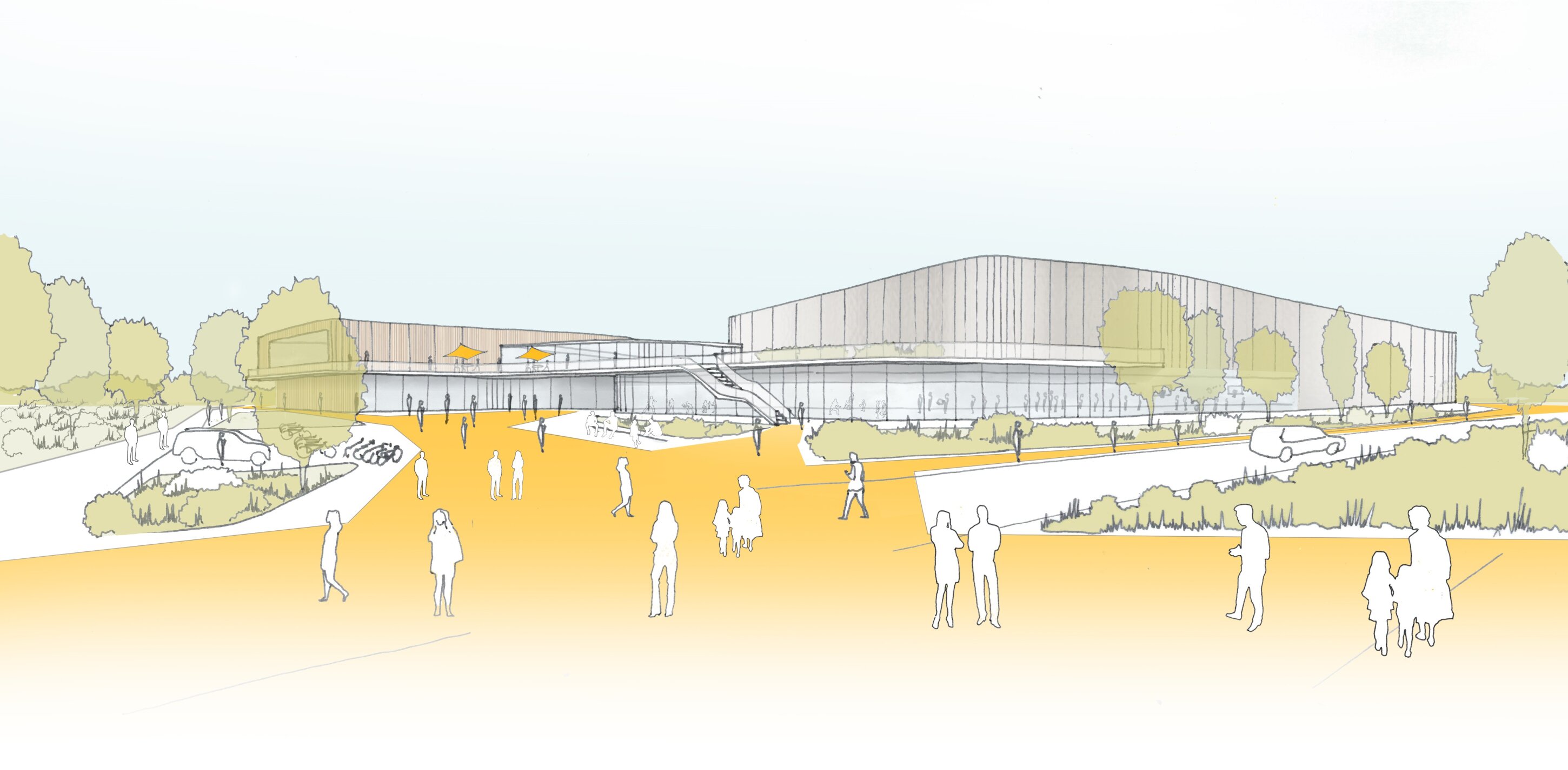 Project by Behnisch Architekturbuero, New Construction of an Athletics Training Hall and an Indoor Swimming Pool. Illustration of the entrance area with people walking and gathering, leading to a large modern building surrounded by landscaped paths and trees.