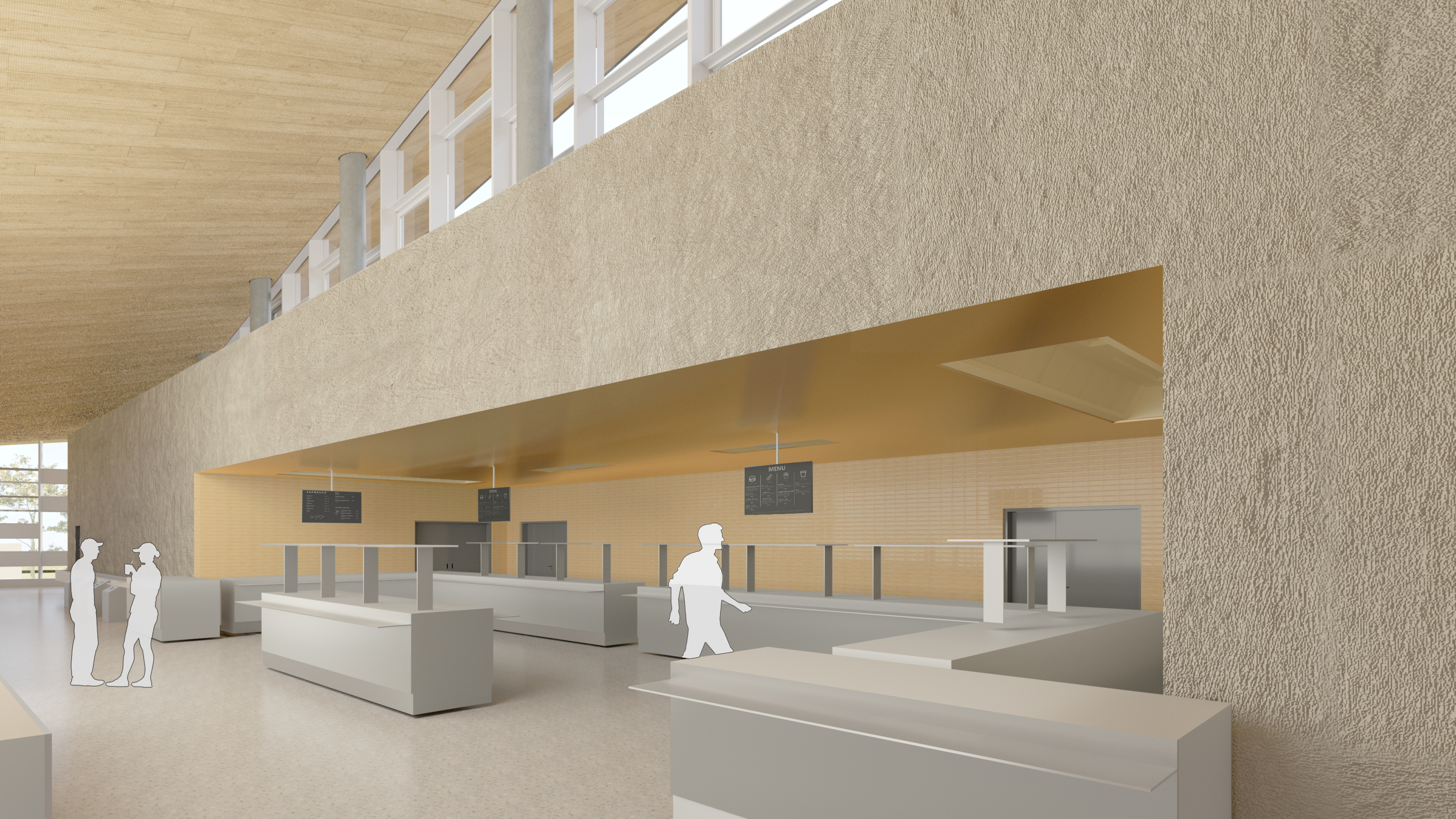 Project by Behnisch Architekturbuero, Bavarian Police Eichstaett. Interior rendering of a cafeteria with serving counters, menu boards, and a large textured wall opening; a few people stand and walk nearby.