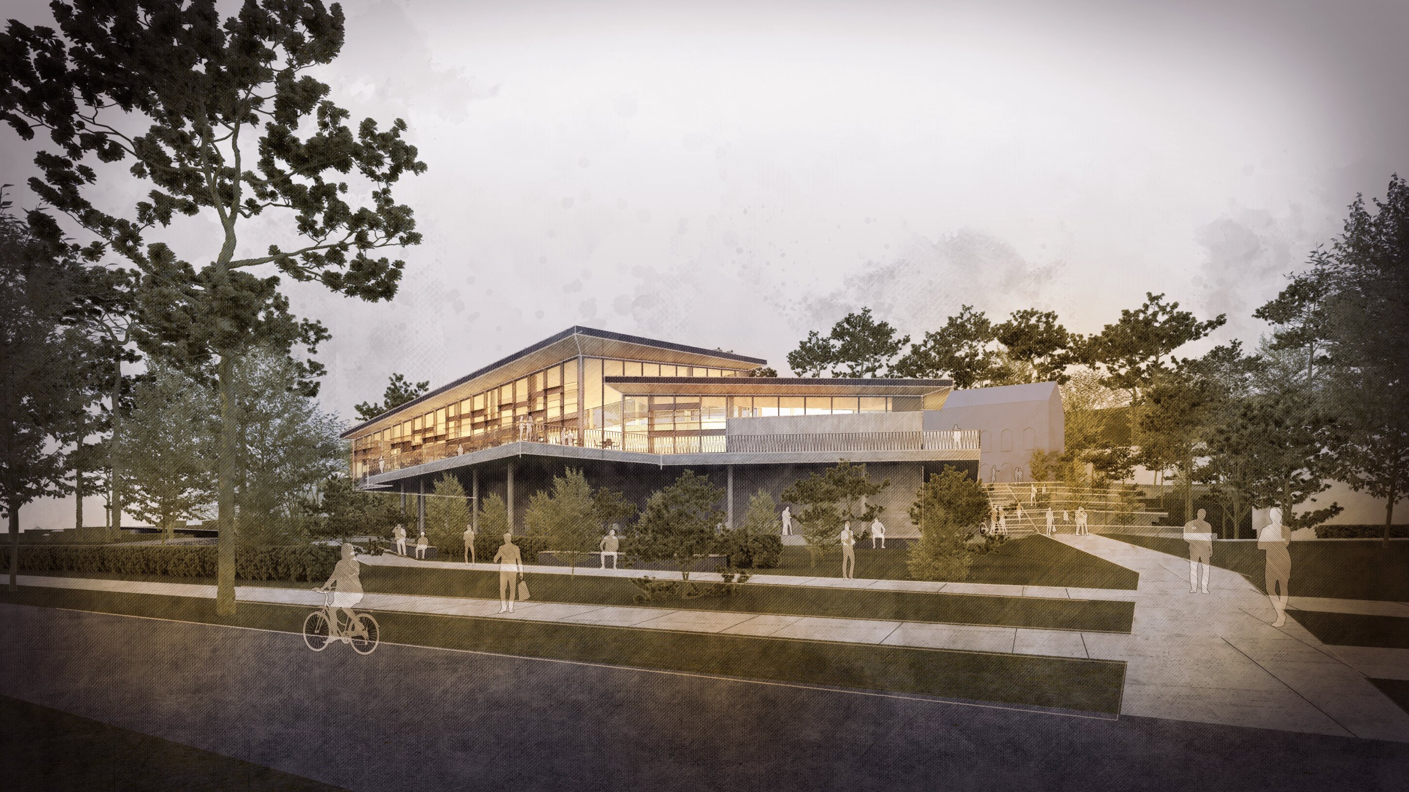 Project by Behnisch Architekturbuero, Bavarian Police Eichstaett. Rendering of a modern building on a raised platform, surrounded by trees and paths, with people walking and a cyclist in the foreground.