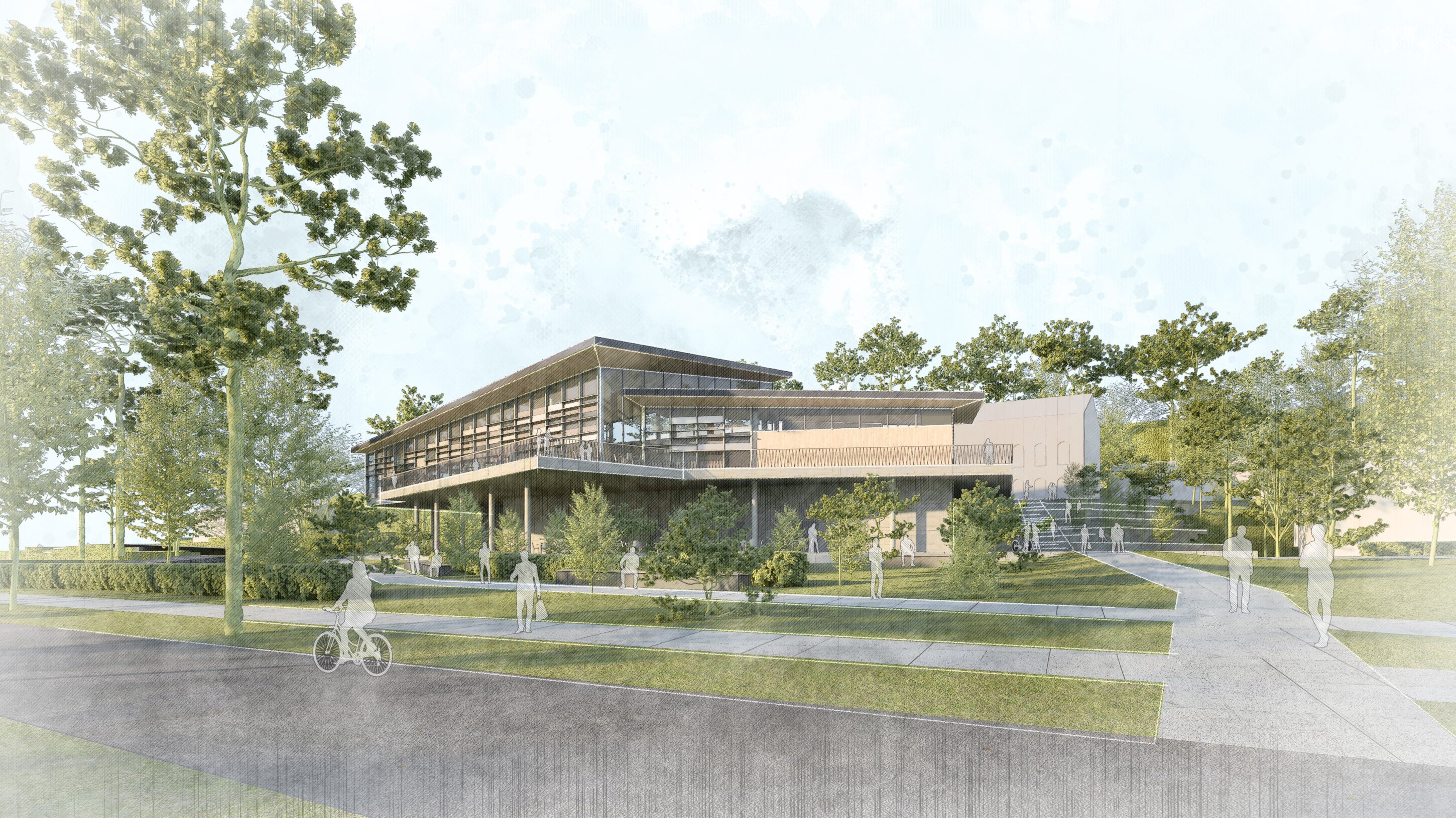 Project by Behnisch Architekturbuero, Bavarian Police Eichstaett. Rendering of a modern elevated building with glass facade, surrounded by trees, paths, and people walking and cycling in a landscaped park.
