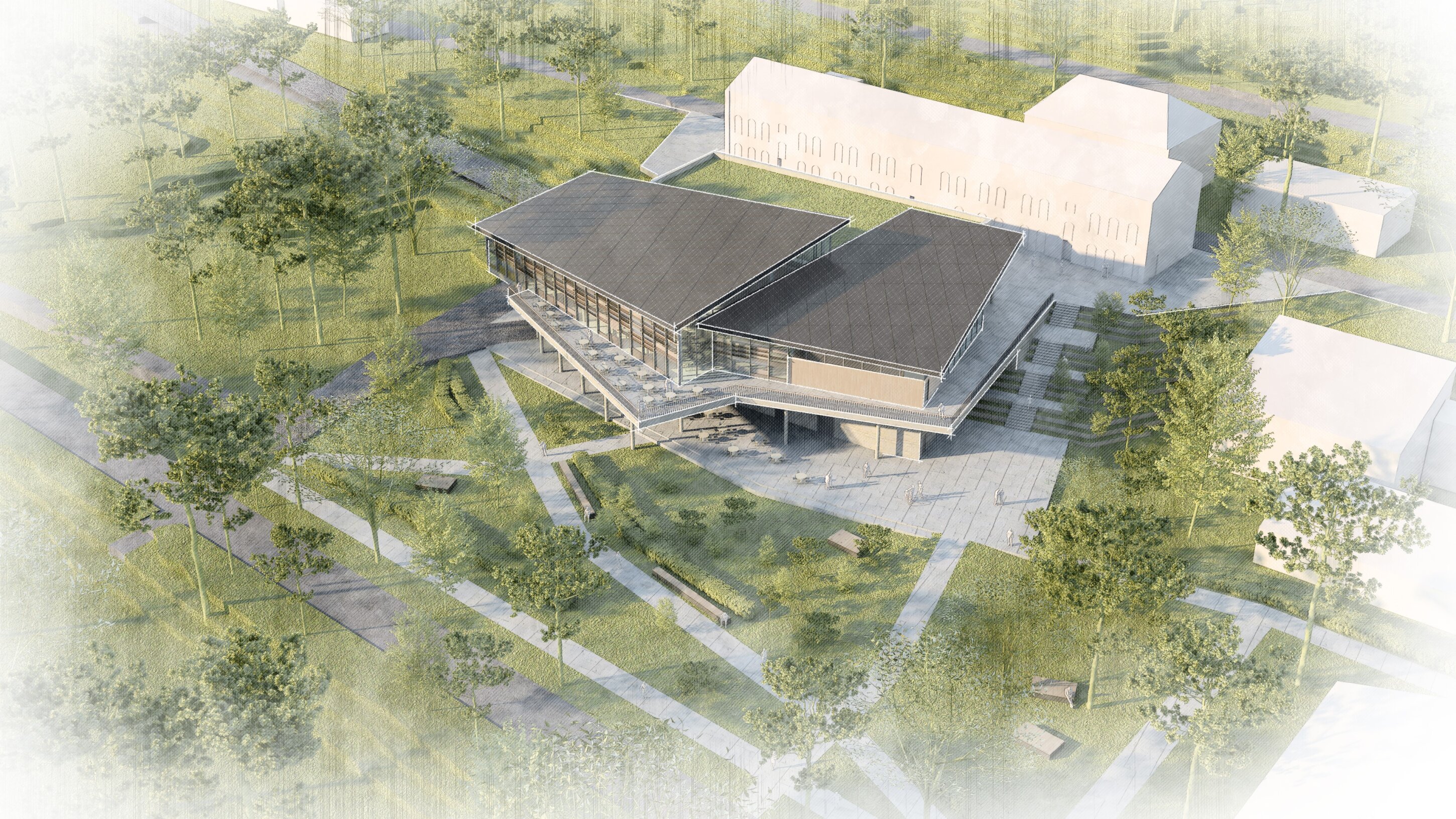 Project by Behnisch Architekturbuero, Bavarian Police Eichstaett. Aerial rendering of a modern two-wing building with terraces, set in a landscaped park with paths, trees, and surrounding structures.