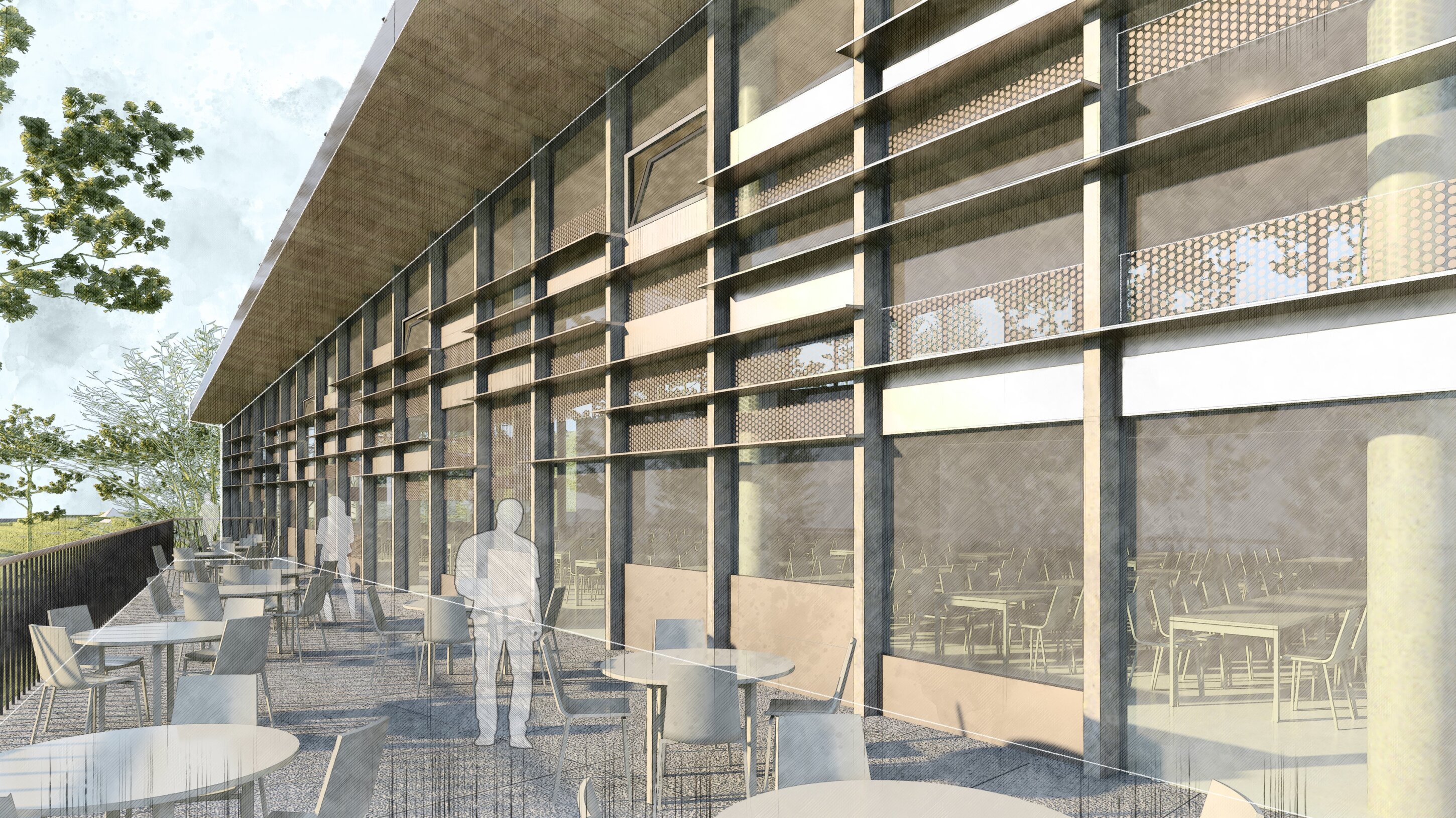 Project by Behnisch Architekturbuero, Bavarian Police Eichstaett. Rendering of a terrace with tables and chairs along a glass facade with sunshades, showing people standing and interior seating visible inside.