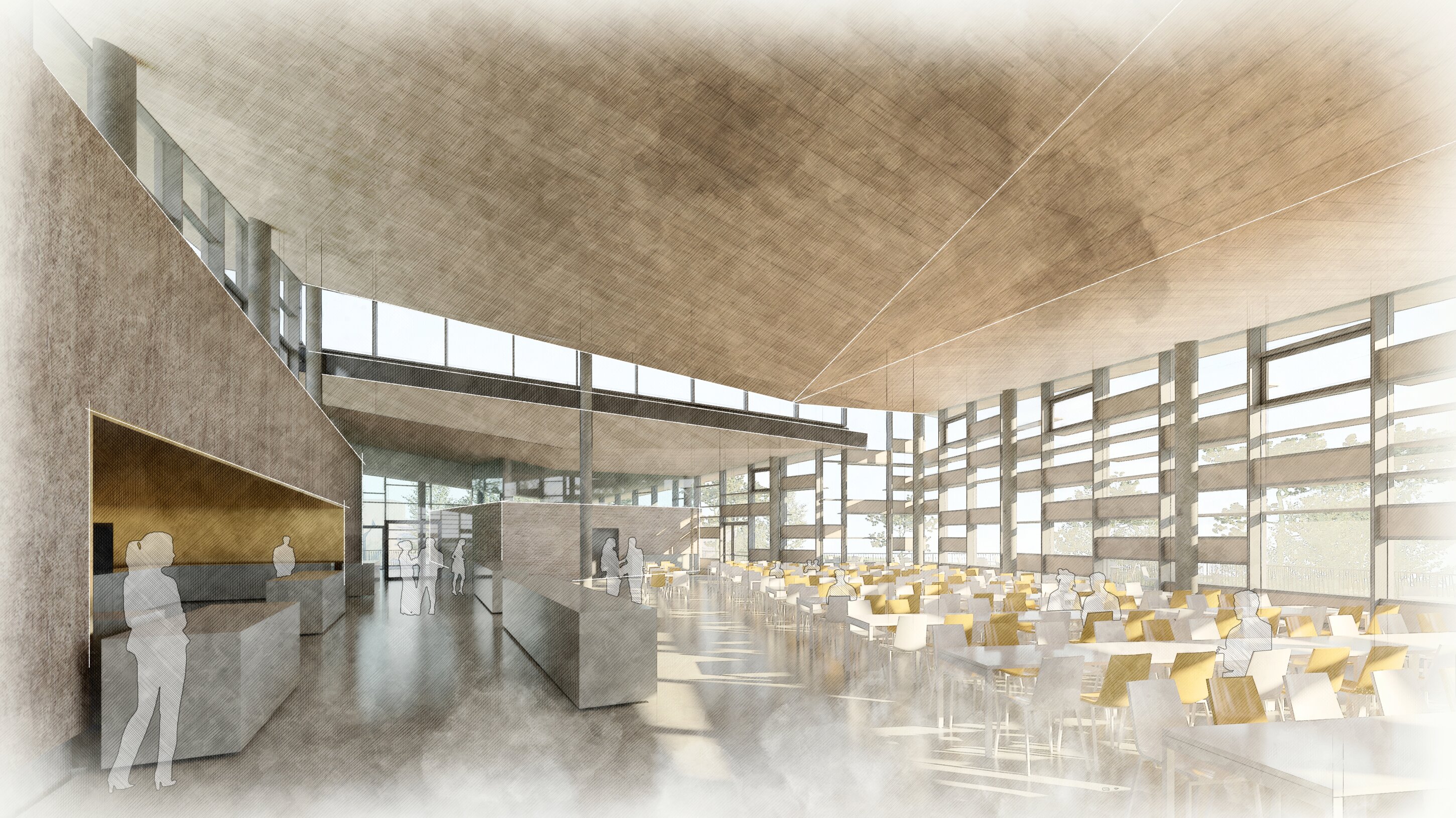 Project by Behnisch Architekturbuero, Bavarian Police Eichstaett. Interior rendering of a large dining hall with wood ceiling, serving counters, and rows of tables and chairs beside tall windows.