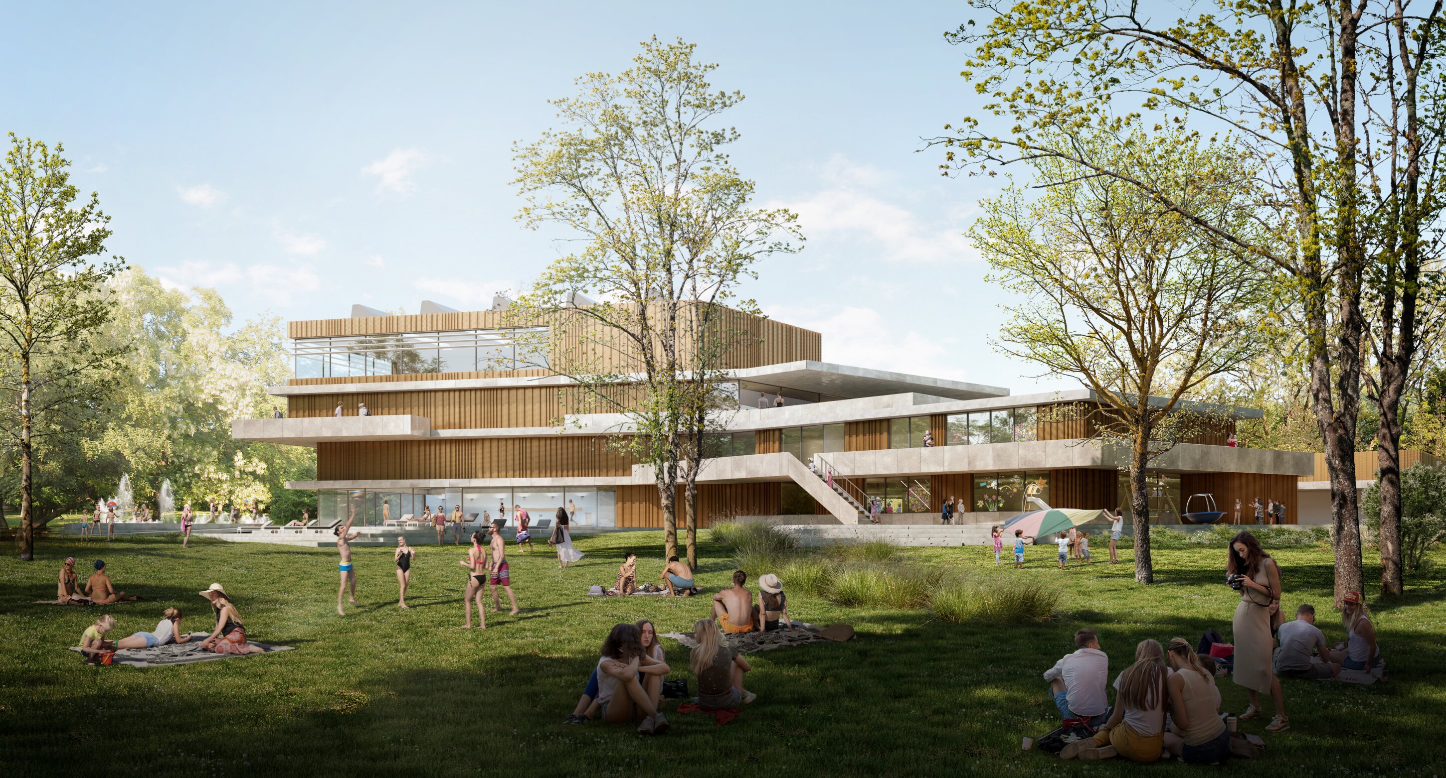 Project by Behnisch Architekturbuero, Neighborhood Sports Center am Aschberg. Park scene with people relaxing on grass, children playing, and a modern multi-level building with terraces and large windows in the background.
