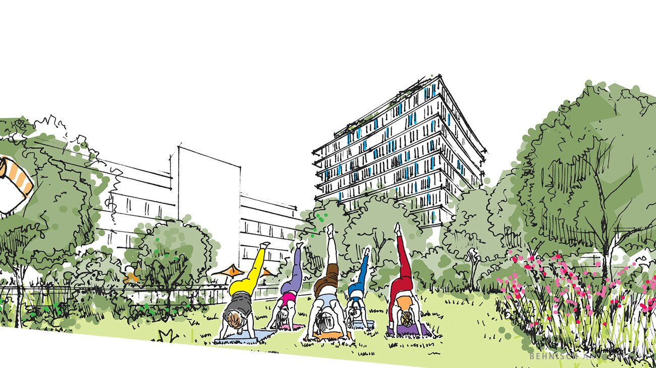 Project by Behnisch Architekturbuero, Campus Giesing. Illustration of people exercising on grass in a park, doing yoga poses, with trees and multi-story buildings in the background.