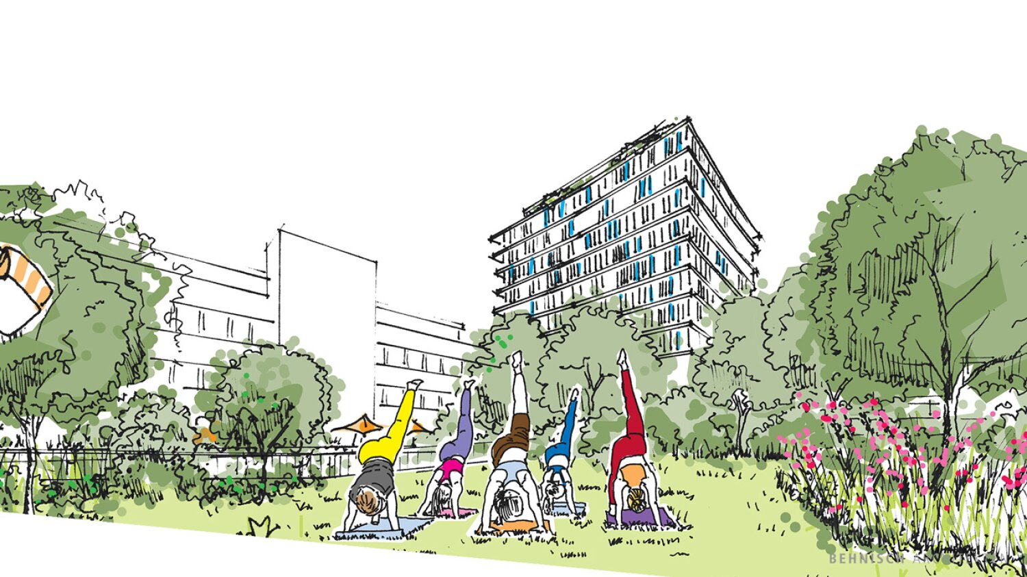 Project by Behnisch Architekturbuero, Campus Giesing. Illustration of people exercising on grass in a park, doing yoga poses, with trees and multi-story buildings in the background.