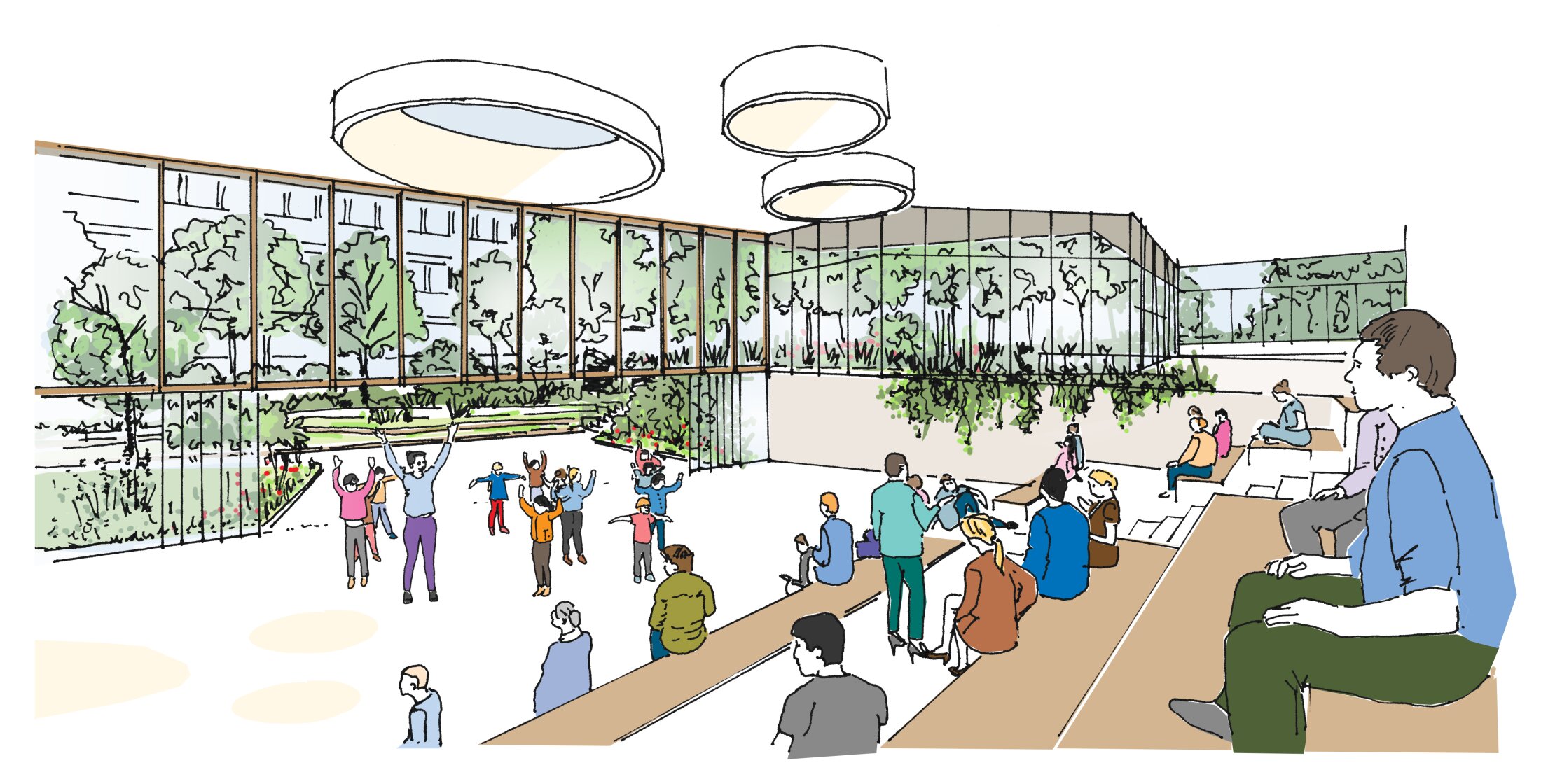 Project by Behnisch Architekturbuero, Campus Giesing. Illustration of a bright indoor atrium with tiered seating, large windows, and people watching and participating in group activities below.