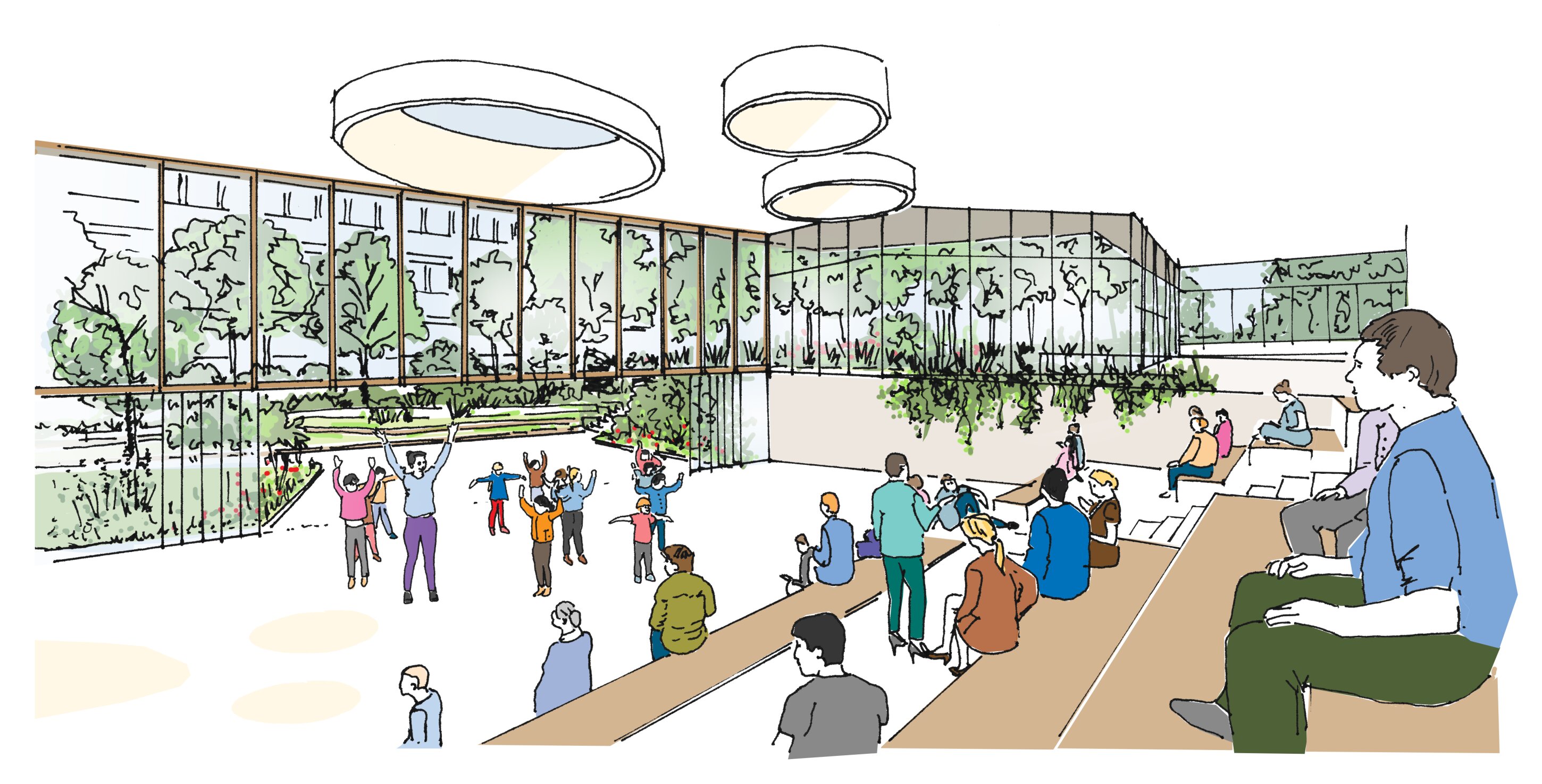 Project by Behnisch Architekturbuero, Campus Giesing. Illustration of a bright indoor atrium with tiered seating, large windows, and people watching and participating in group activities below.