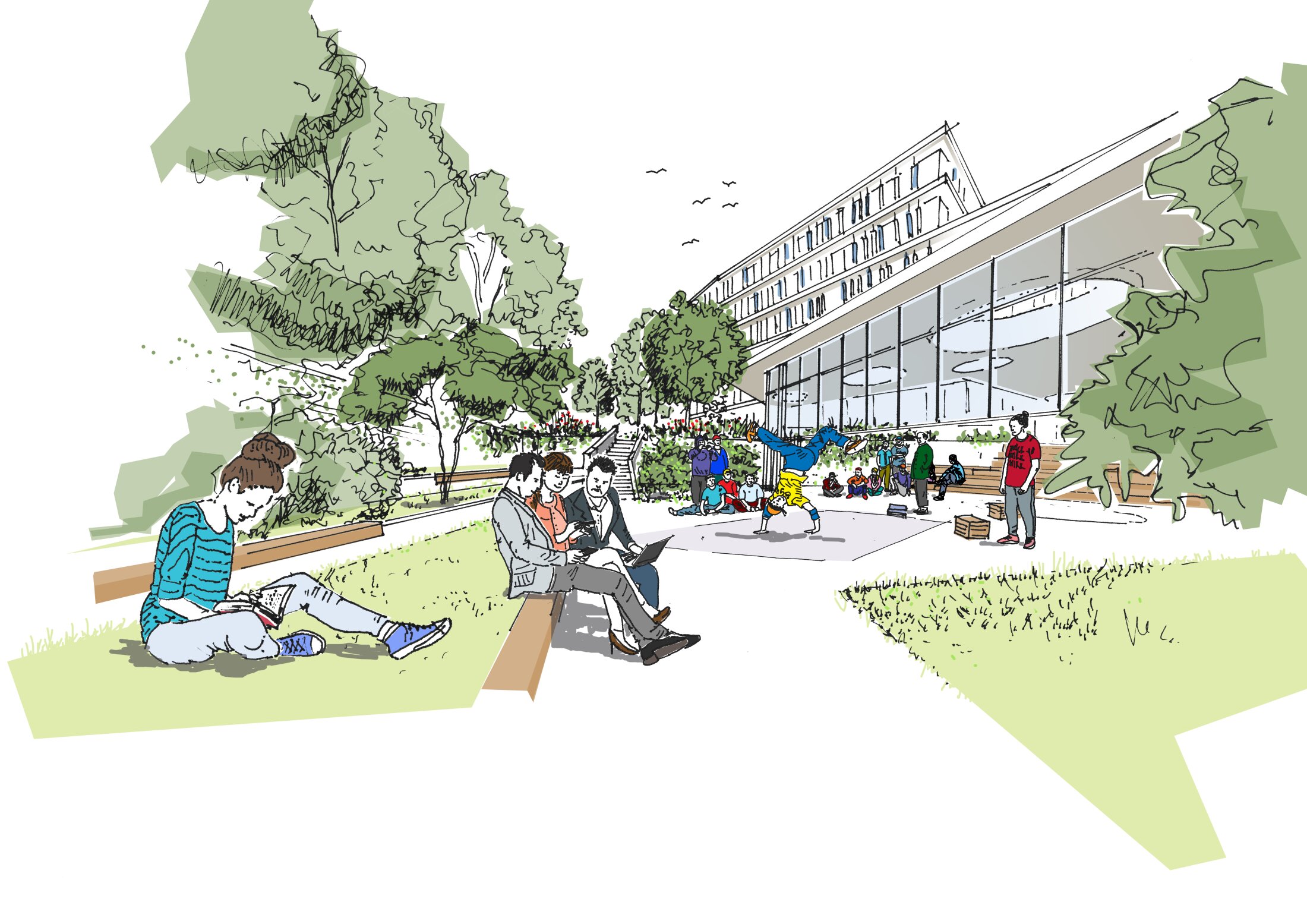 Project by Behnisch Architekturbuero, Campus Giesing. Illustration of a park-like courtyard with people sitting, reading, and socializing, while others gather near a building and one person performs a handstand.