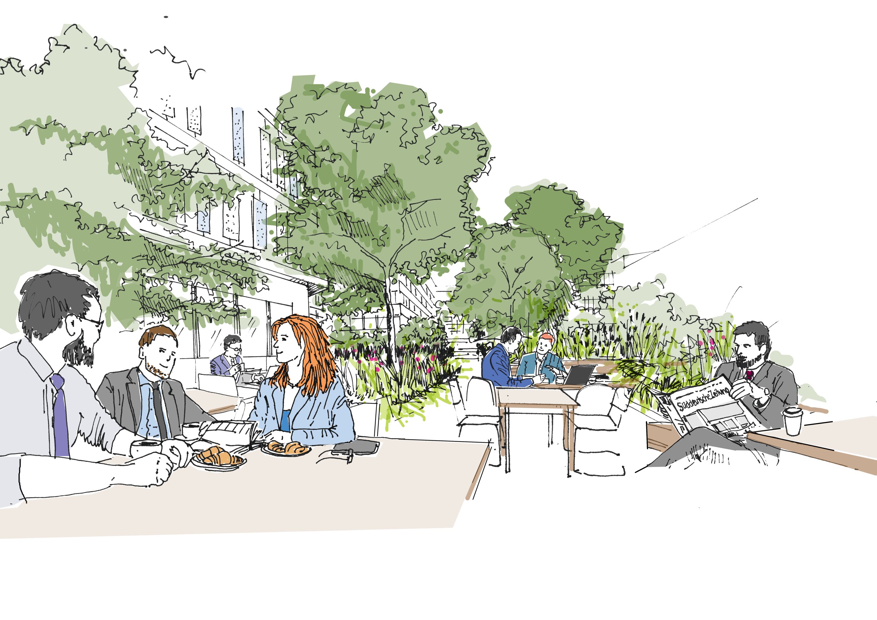 Project by Behnisch Architekturbuero, Campus Giesing. Illustration of people sitting at outdoor tables in a landscaped courtyard, eating, working, and reading among trees and greenery near buildings.