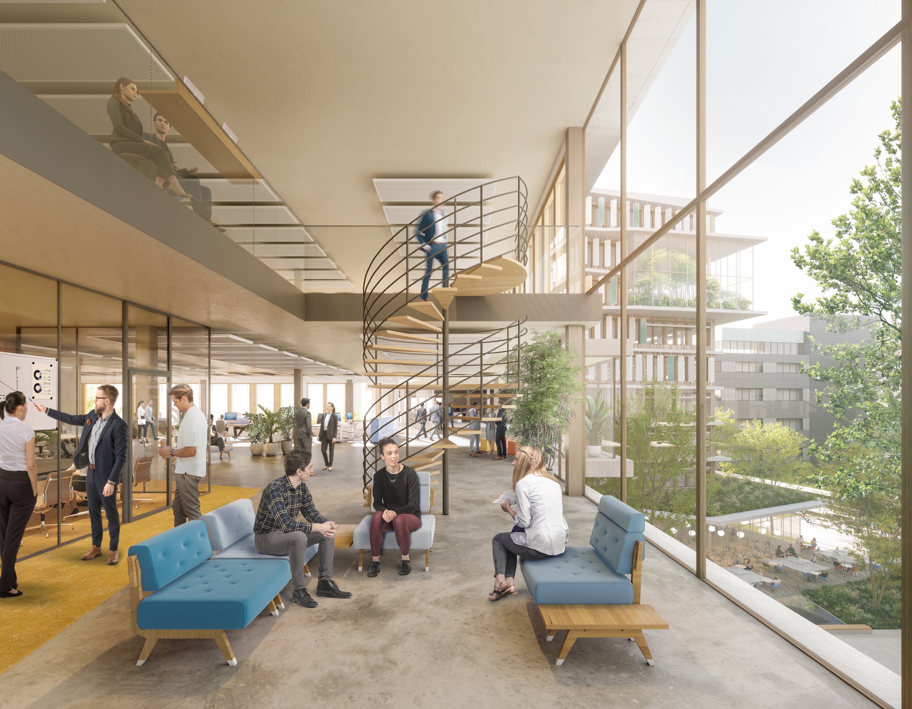 Project by Behnisch Architekturbuero, Campus Giesing. Open-plan office interior with seating area, spiral staircase, glass walls, and people meeting, working, and talking.
