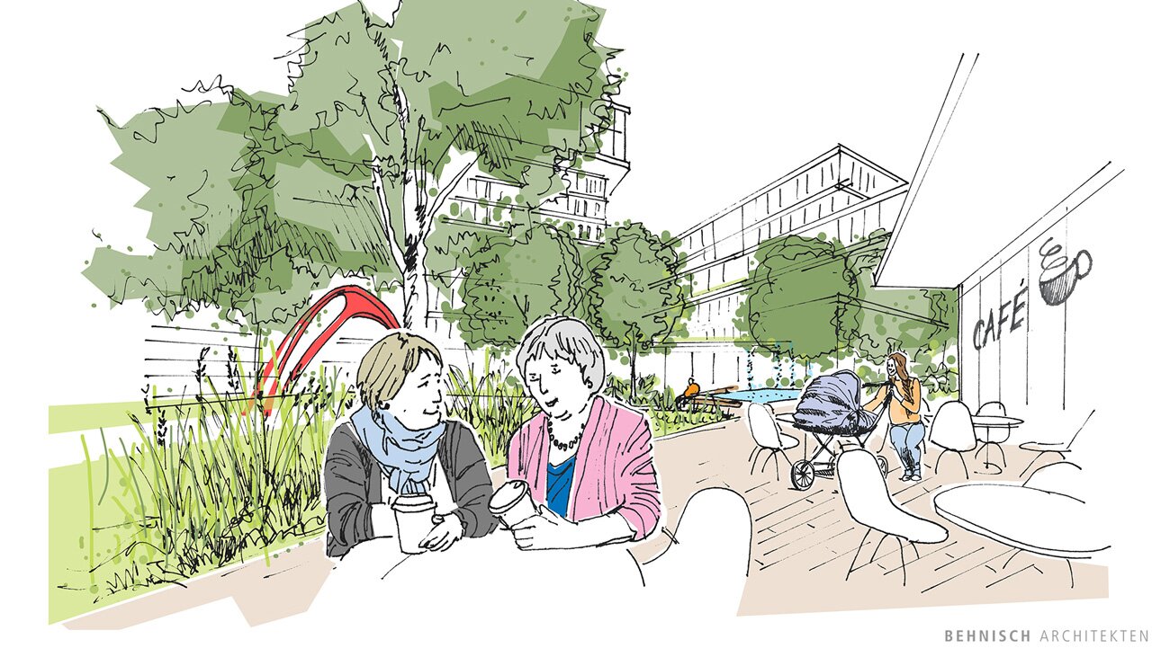Project by Behnisch Architekturbuero, Campus Giesing. Illustration of an outdoor caf&eacute; in a landscaped courtyard, with two people chatting at a table, a stroller nearby, and trees and buildings in the background.