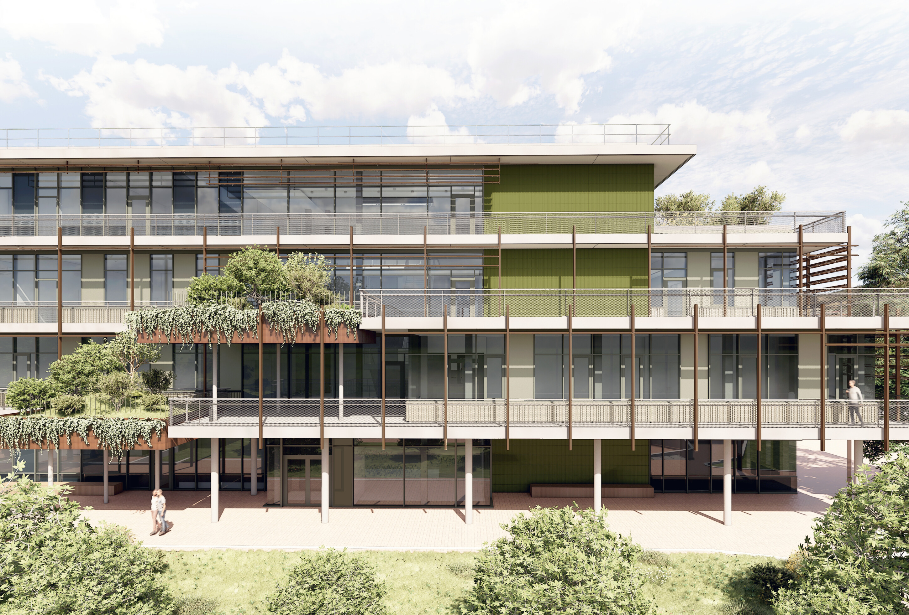 Project by Behnisch Architekturbuero, Steinfurt Campus/ Reconstructions of Buildings C+Q and New Parking Structure/ FH Münster (University of Applied Sciences). Multi-story building with green facade, balconies, and vertical shading elements.