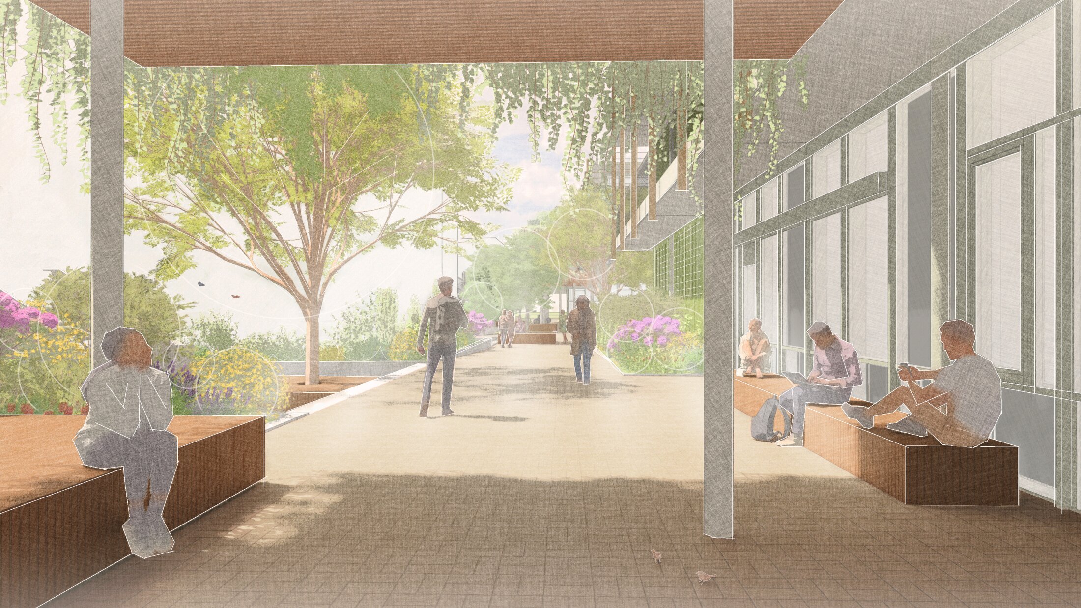 Project by Behnisch Architekturbuero, Steinfurt Campus/ Reconstructions of Buildings C+Q and New Parking Structure/ FH M&uuml;nster (University of Applied Sciences).People are sitting on a covered seating area next to a green courtyard with trees. In the background, people are walking and strolling alongside the building.