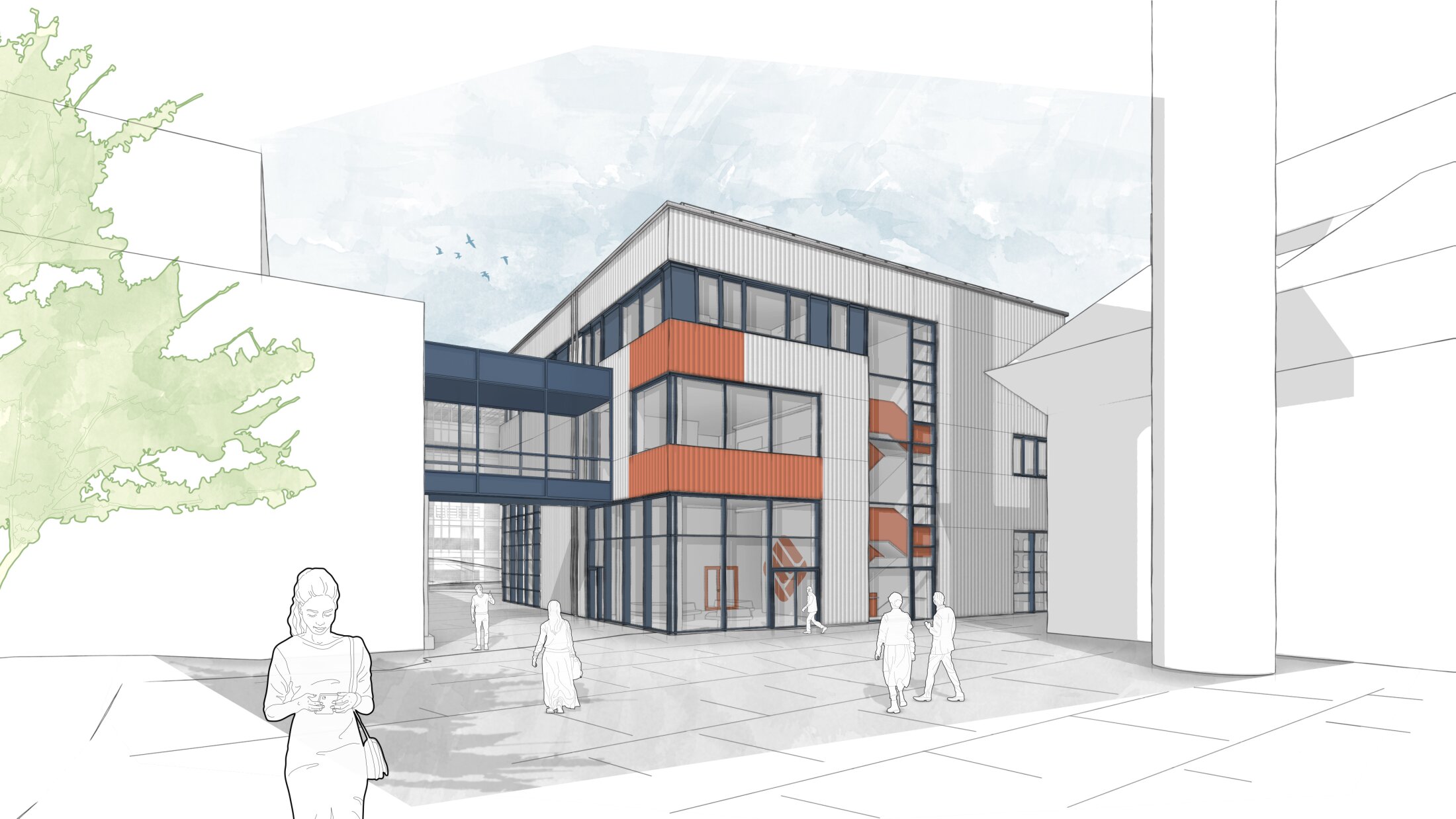 Project by Behnisch Architekturbuero, Steinfurt Campus/ Reconstructions of Buildings C+Q and New Parking Structure/ FH M&uuml;nster (University of Applied Sciences). Modern building with glass facade and orange bands, people walking in plaza.