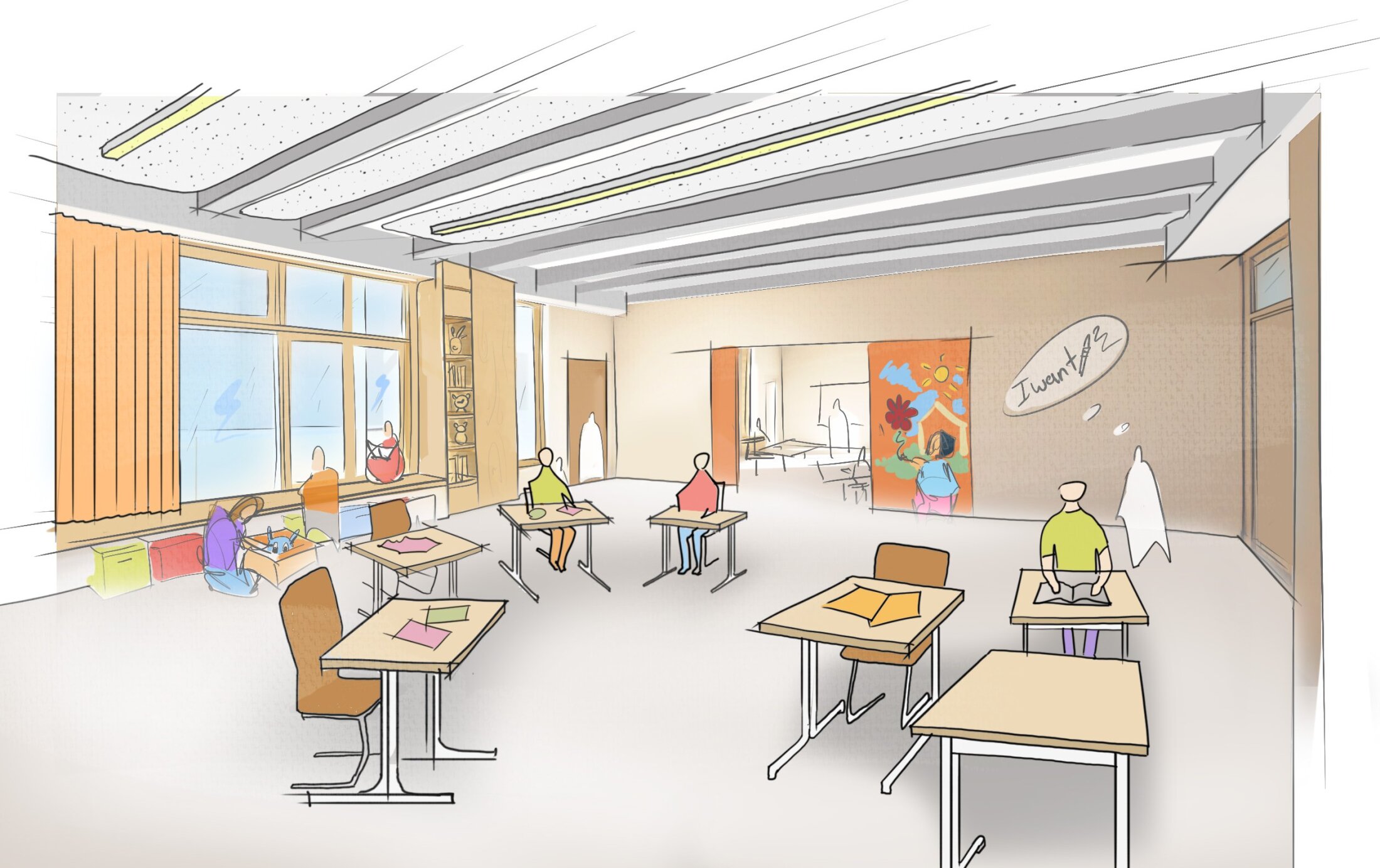 Project by Behnisch Architekturbuero, International School Augsburg. Architectural rendering of a classroom with desks, students, and large windows.